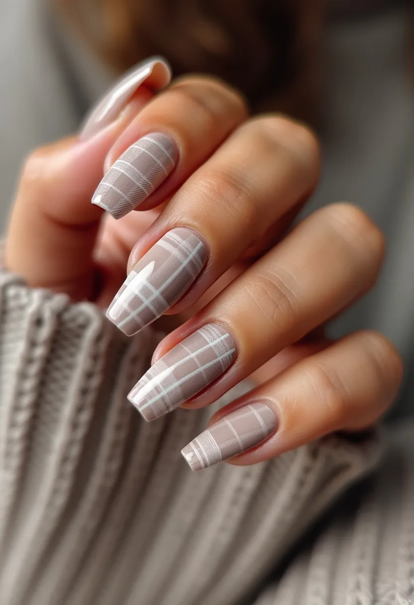 The  nail  design  features  a  neutral  color  palette  with  a  checkered  pattern  on  the  nails.  The  nails  are  long  and  have  a  square  shape.  The  nail  treatment  appears  to  be  a  regular  nail  polish,  as  there  are  no  signs  of  gel,  acrylic,  shellac,  or  dip  treatments.  The  design  is  simple  and  elegant,  with  no  unique  details  or  seasonal  themes.