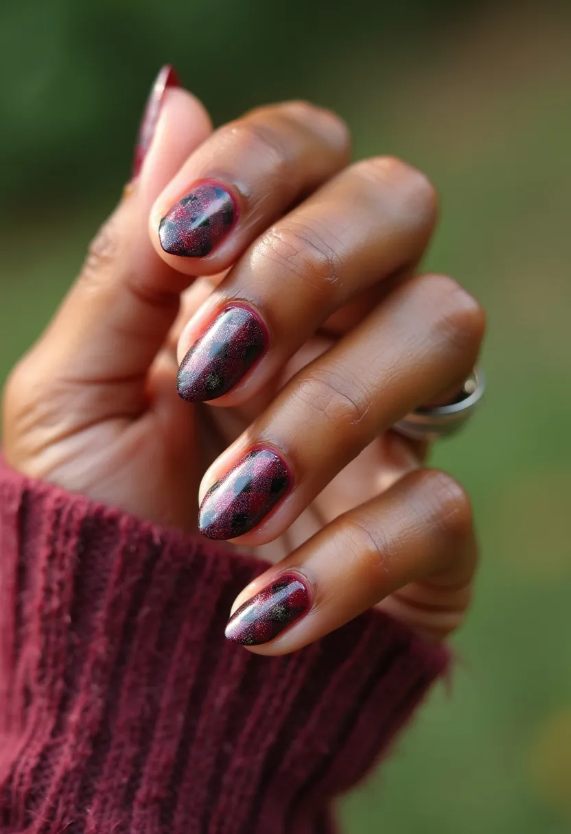 The  nail  design  features  a  woman's  fingernails  painted  with  a  marbled  pattern,  giving  them  a  unique  and  eye-catching  appearance.  The  nails  are  shaped  in  a  natural,  oval  shape,  and  the  nail  color  palette  consists  of  a  combination  of  red  and  black.  The  nail  treatment  appears  to  be  a  gel  or  acrylic,  as  it  is  applied  in  a  smooth  and  even  layer.  The  intricate  pattern  and  the  choice  of  colors  make  this  nail  design  stand  out,  and  it  could  be  suitable  for  special  occasions  or  as  a  seasonal  theme.