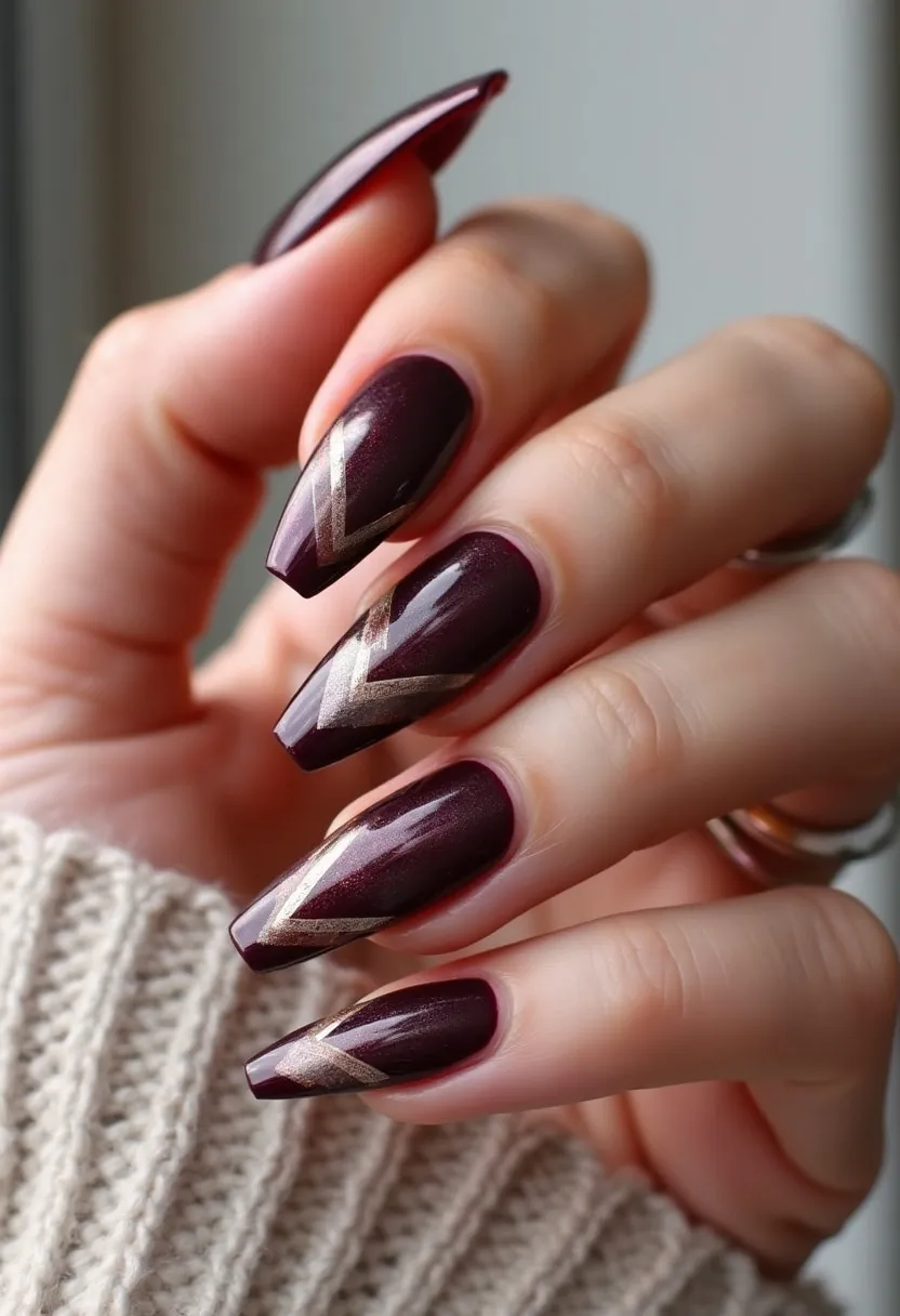 The  nail  design  features  a  purple  nail  polish  with  gold  stripes,  creating  a  striking  and  elegant  appearance.  The  nails  are  long  and  pointed,  giving  them  a  sleek  and  modern  look.  The  nail  treatment  appears  to  be  a  combination  of  gel  and  acrylic,  which  provides  a  strong  and  durable  finish.  The  gold  stripes  add  a  touch  of  sophistication  and  luxury  to  the  overall  design,  making  it  a  perfect  choice  for  a  special  occasion  or  a  seasonal  theme.