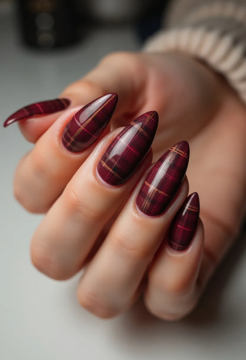 The  nail  design  features  a  unique  combination  of  red  and  brown  colors,  creating  a  plaid-like  pattern.  The  nails  are  long  and  pointed,  with  a  slightly  curved  shape.  The  nail  treatment  appears  to  be  a  combination  of  acrylic  and  dip,  as  the  nails  have  a  glossy  finish  and  a  slightly  textured  appearance.  The  overall  design  is  visually  striking  and  showcases  the  creativity  of  the  nail  artist.