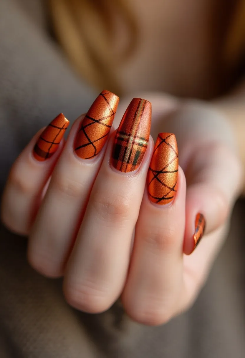 The  nail  design  features  a  combination  of  orange  and  gold  colors.  The  nails  are  painted  with  a  checkered  pattern,  giving  them  a  unique  and  eye-catching  appearance.  The  nail  shape  is  long  and  pointed,  adding  to  the  overall  aesthetic.  The  nail  treatment  appears  to  be  acrylic,  as  the  design  is  well-defined  and  the  colors  are  vibrant.  The  design  is  likely  inspired  by  a  seasonal  theme  or  a  special  occasion,  as  the  combination  of  orange  and  gold  is  often  associated  with  warmth  and  festivity.