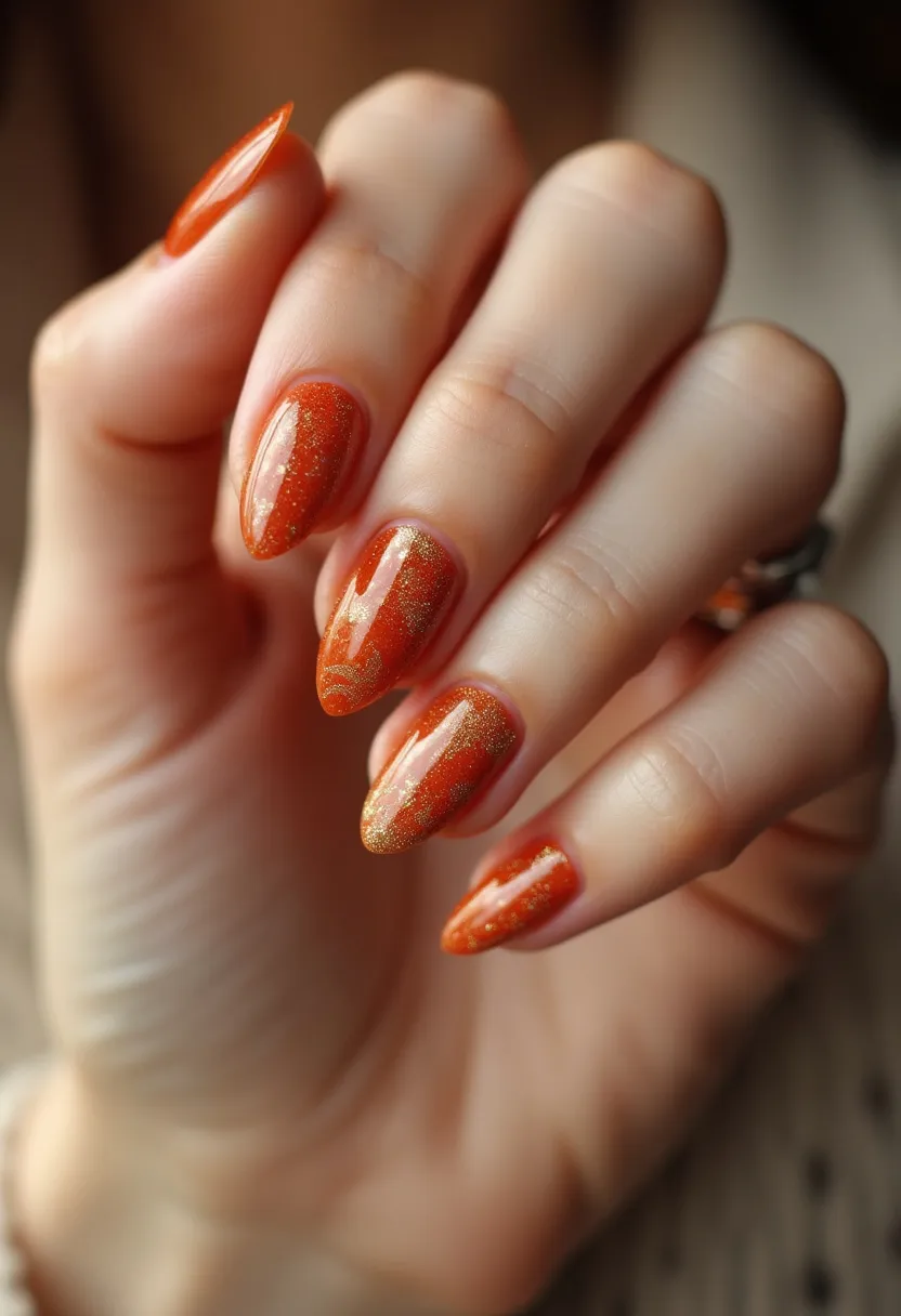 The  nail  design  features  a  combination  of  orange  and  gold  colors,  giving  it  a  warm  and  elegant  appearance.  The  nails  are  long  and  have  a  pointed  shape,  which  adds  to  the  overall  sophistication  of  the  design.  The  nail  treatment  appears  to  be  a  gel  or  acrylic,  as  it  has  a  smooth  and  polished  finish.  The  intricate  pattern  on  the  nails  adds  a  unique  touch  to  the  design,  making  it  stand  out.  The  seasonal  theme  or  special  occasion  for  this  nail  design  could  be  related  to  fall  or  winter,  as  the  warm  colors  and  patterns  are  often  associated  with  these  seasons.