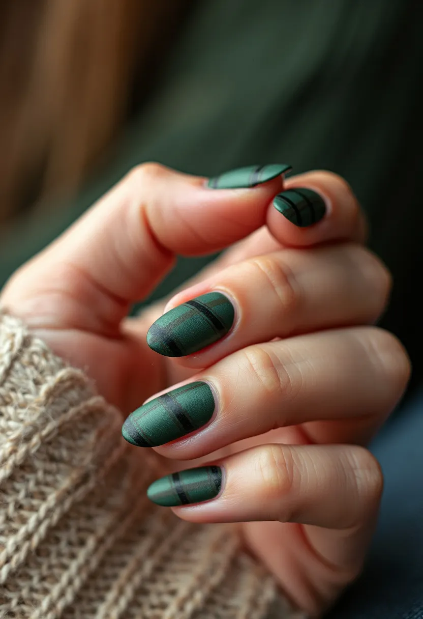 The  nail  design  features  a  green  and  black  color  palette,  with  a  plaid  pattern  on  the  nails.  The  nails  are  shaped  in  a  square  shape,  and  the  nail  treatment  appears  to  be  acrylic.  The  unique  details  of  this  design  make  it  stand  out  and  showcase  the  creativity  of  the  person  who  chose  it.