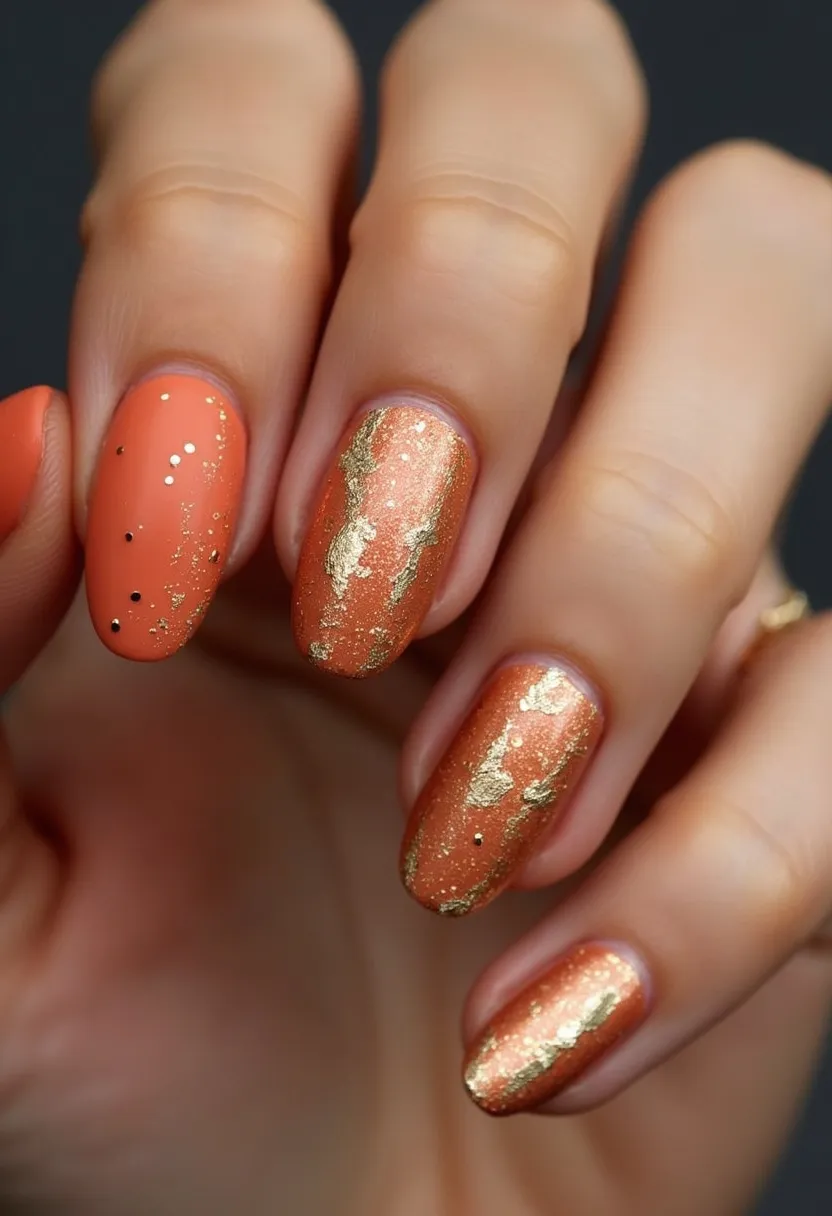 The  nail  design  features  a  gold  and  orange  color  palette,  with  gold  glitter  accents.  The  nails  are  shaped  in  a  square  shape,  giving  them  a  unique  and  stylish  appearance.  The  nail  treatment  appears  to  be  a  gel  or  acrylic,  as  it  is  well-defined  and  holds  the  intricate  design.  The  combination  of  gold  and  orange  colors,  along  with  the  glitter  accents,  suggests  a  festive  or  special  occasion  theme,  possibly  for  the  holiday  season  or  a  celebratory  event.