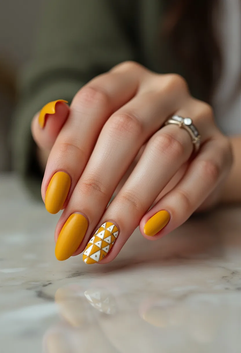 The  nail  design  features  a  yellow  base  color  with  a  geometric  pattern  on  the  nails.  The  nails  are  shaped  in  a  square  shape,  and  the  pattern  consists  of  triangles.  The  nail  treatment  appears  to  be  a  gel  or  acrylic  nail,  as  it  is  well-defined  and  has  a  smooth  finish.  The  design  is a unique  and  eye-catching  choice  for  a  manicure.