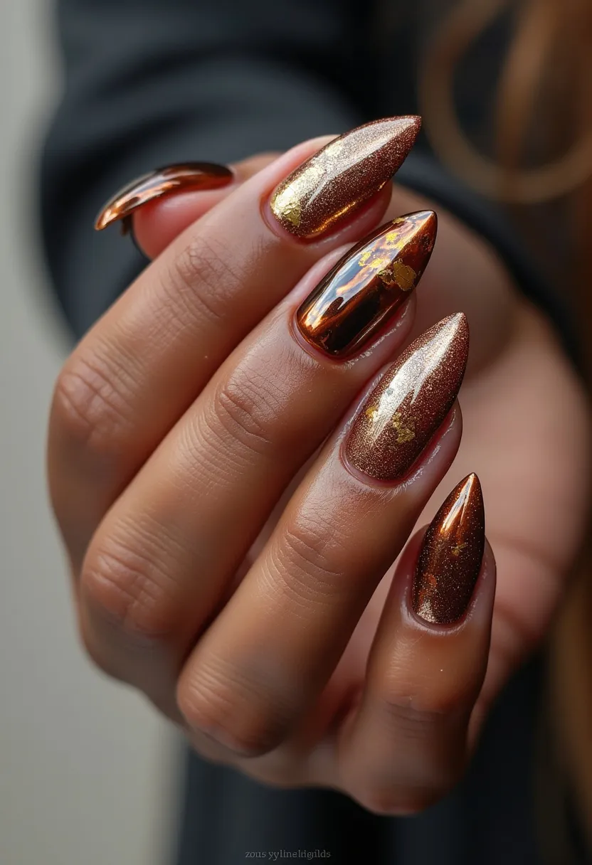 The  nail  design  features  a  gold  and  brown  color  palette,  with  a  gold  tip  on  the  nails.  The  nails  are  long  and  pointed,  giving  them  a  sharp  and  elegant  appearance.  The  nail  treatment  appears  to  be  acrylic,  as  the  nails  are  thick  and  have  a  smooth  finish.  The  intricate  patterns  and  decorations  on  the  nails  add  a  touch  of  sophistication  and  uniqueness  to  the  overall  design.