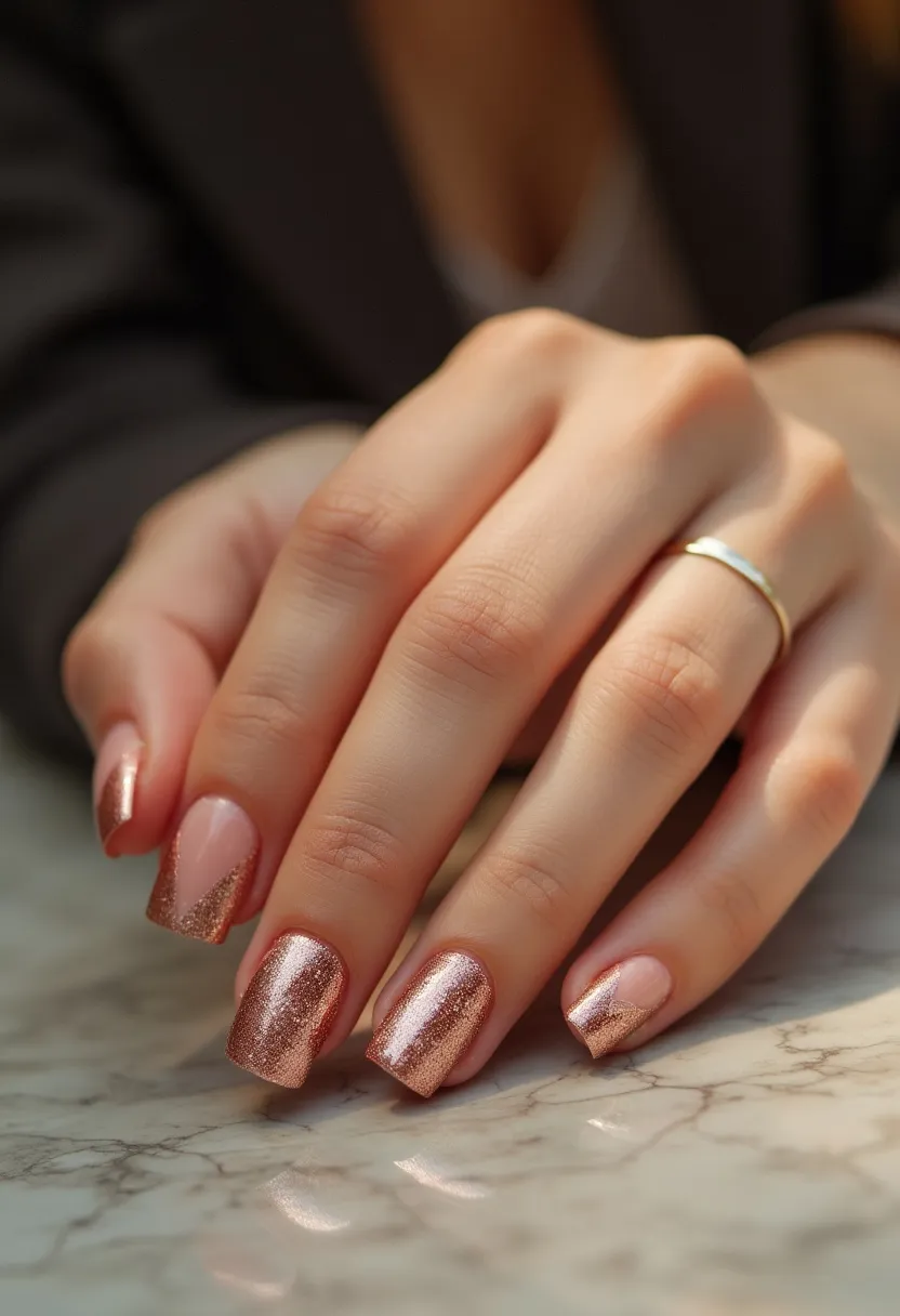 The  nail  design  features  a  combination  of  pink  and  gold  colors,  with  the  gold  color  being  more  prominent.  The  nails  are  shaped  in  a  regular,  oval  shape.  The  nail  treatment  appears  to  be  a  nail  polish,  which  is  applied  to  the  nails.