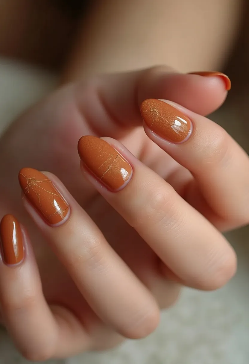 This nail design features a warm, autumnal palette dominated by a rich, matte orange-brown color. The nails are shaped almond, offering an elegant and elongated appearance. The design includes a delicate, intricate pattern with fine gold lines resembling spider webs or delicate veining across each nail, adding a sophisticated touch. This manicure appears to be achieved with a gel or shellac treatment, providing a glossy finish and durable wear. The overall aesthetic suggests a seasonal theme, likely suited for fall, with the earthy hues and subtle decorative elements invoking autumn leaves or Halloween motifs.