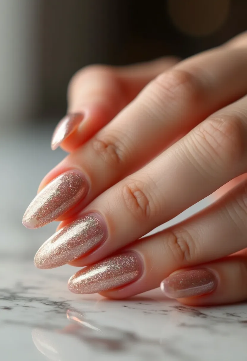 The nail design features an elegant and sophisticated look with a shimmer effect throughout. The nails are almond-shaped, providing a sleek and elongated appearance to the fingers. The color palette leans towards a soft champagne gold with sparkles that reflect light, adding a touch of glamour. There are no intricate patterns or additional decorations, allowing the shimmer polish to be the central focus. The nails appear to have a gel treatment, providing a glossy and durable finish. This design is versatile and suitable for various occasions, including special events or festive gatherings, due to its understated yet striking appearance.