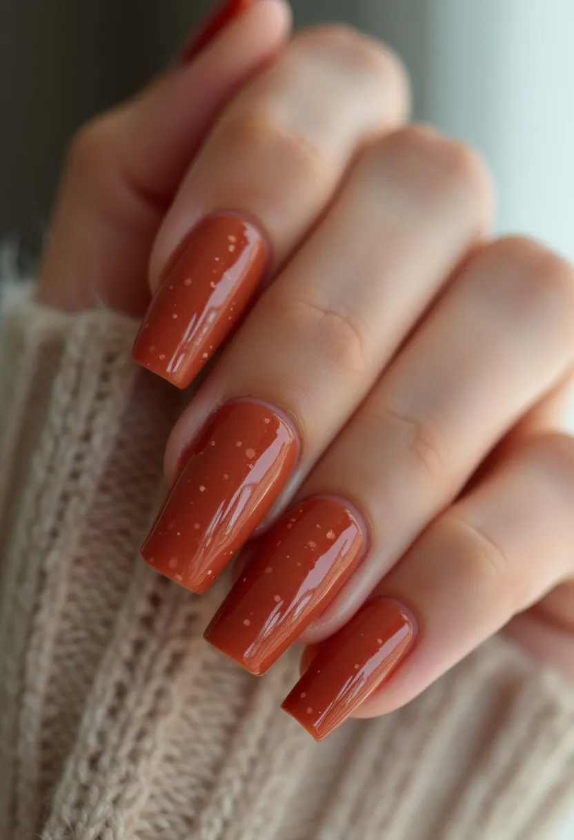 This nail design features a striking autumn-inspired color palette, dominated by a rich, rusty orange hue. The nails are crafted in a coffin shape, providing a modern and elegant appearance. Subtle decorative elements, such as small, scattered flecks of glitter, add a touch of sophistication and sparkle to the overall design. The reflective, high-gloss finish suggests a gel or shellac treatment, ensuring durability and a long-lasting shine. This manicure is perfectly suited for the fall season, evoking the warmth and coziness associated with this time of year.