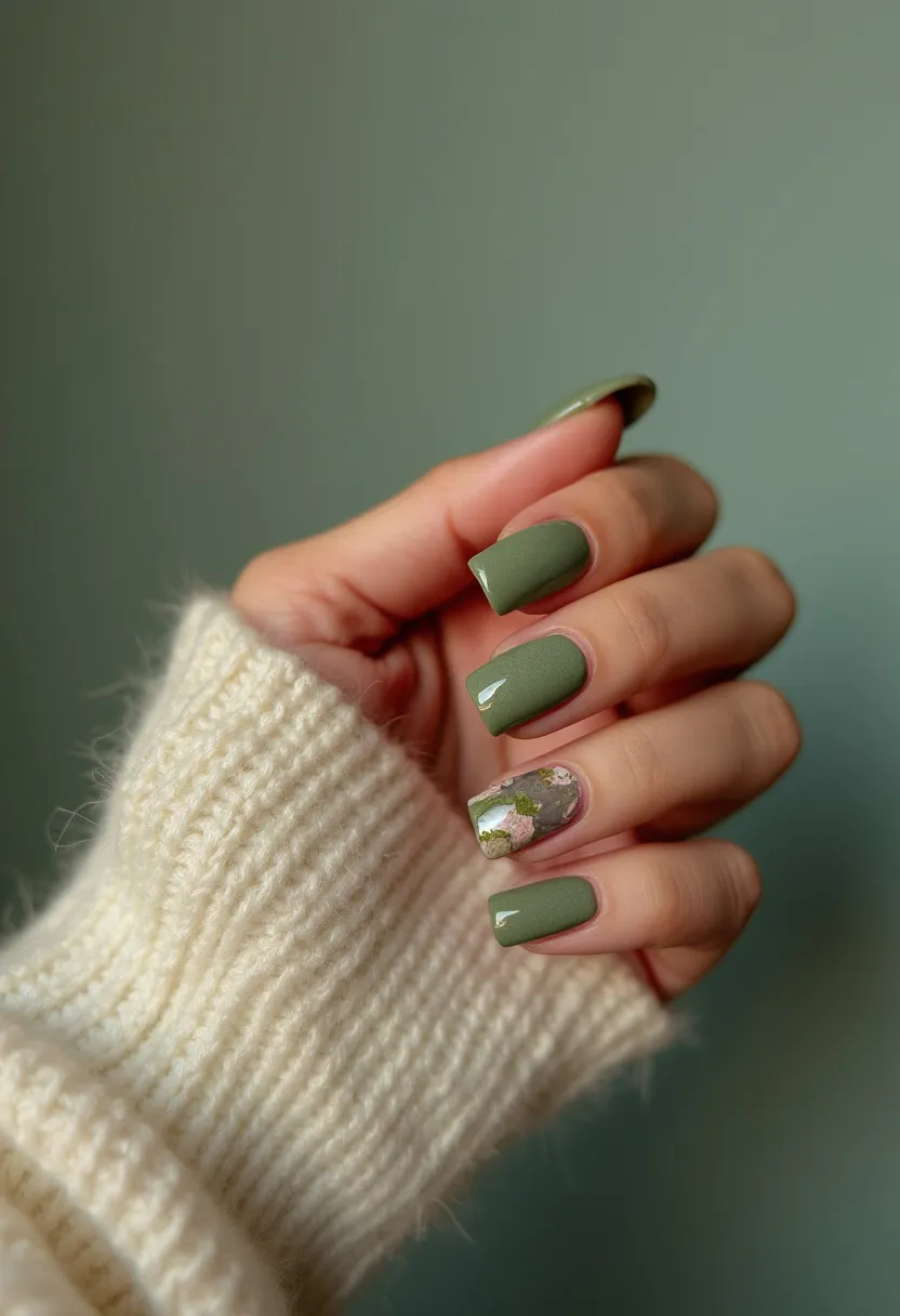 This nail design features a predominantly earthy green color palette, with four nails painted in a solid, matte olive green shade. The nails are medium length and have a square shape with slightly rounded edges. The accent nail showcases a clear or nude base adorned with intricate floral patterns, including pink and gold foil-like decorations, adding a touch of elegance and visual interest. The nail treatment appears to be gel due to the glossy and smooth finish, particularly evident on the accent nail. This design is versatile and could be suitable for various occasions, potentially aligning with autumn or nature-inspired themes due to its muted green and floral accents.