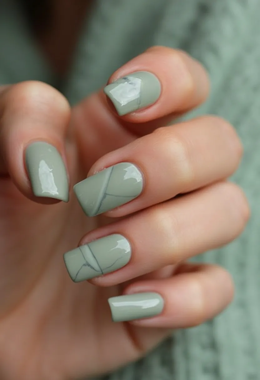 The nail design features a soothing sage green color palette. The nails are medium-length and have a square shape with slightly rounded edges, providing a clean and modern look. The finish appears to be a gel treatment, indicated by the glossy appearance. Several nails have intricate marble-like patterns with subtle white and gray veining, adding a touch of elegance and dimension to the overall design. This design exudes a calm and sophisticated vibe, making it suitable for both everyday wear and special occasions, especially during the cooler seasons like autumn and winter.