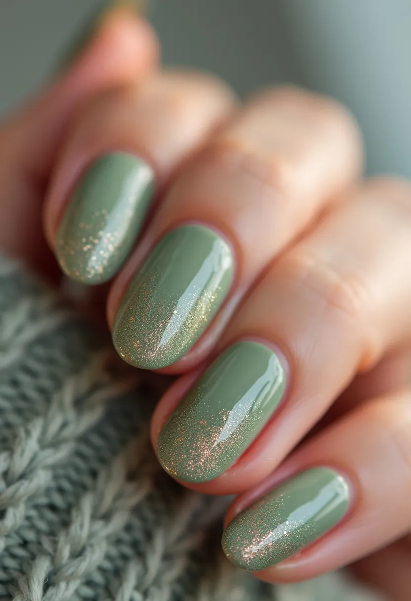 The nail design showcases a muted green color palette, with the nails painted in a solid and elegant sage green. Each nail is shaped into a medium length, gently rounded form, which enhances the natural appearance while maintaining a sophisticated look. There is a subtle yet eye-catching decoration of fine, gold speckles applied towards the tips of the nails, creating a gradient effect that adds a touch of glamour and festivity. This design looks refined and could be achieved with a gel manicure, given the shiny and smooth finish, which ensures durability and longevity. The combination of sage green with gold glitter suggests a seasonal theme that could be appropriate for autumn or winter, making it suitable for festive events or holiday gatherings.