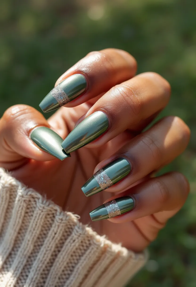 The nail design features a sophisticated palette of metallic green with a hint of shimmer, enhancing the elegance of the nails. The nails are shaped in a stylish coffin shape, providing a modern and elongated appearance. A unique and intricate feature of this design is the horizontal strip of silver glitter on each nail, positioned just below the nail tip, adding a touch of glamour and festivity. This design appears to be achieved using gel polish, providing a glossy and durable finish. The combination of the green and silver glitter is versatile, making it suitable for various special occasions or even as a chic everyday look. The metallic finish and glitter band give the nails a festive and celebratory vibe, perfect for the holiday season or special events.