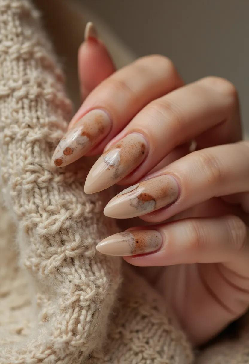 The nail design features a warm, earthy color palette primarily consisting of beige, brown, and hints of rust. The nails are shaped in an almond style, elongated and tapering to a rounded point. Intricate marble-like patterns with a mix of light and dark shades create a textured, organic look, resembling natural stones or rust patterns. The overall application appears smooth and glossy, suggesting the use of gel or shellac for a polished, long-lasting finish. The design exudes an autumnal theme, with its warm tones and rustic appearance, making it suitable for the fall season or any occasion that calls for a cozy, natural aesthetic.