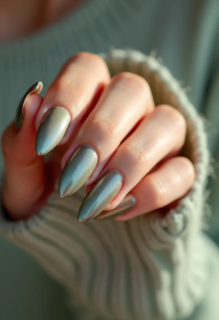 The nail design features a sophisticated palette dominated by a metallic sage green shade, creating an elegant and reflective sheen. The nails are shaped into a classic almond form, offering a balance of style and practicality. The metallic finish, combined with the well-defined shape, suggests a gel treatment, given the high-gloss and smooth appearance. The design is minimalistic, with no additional intricate patterns or decorations, allowing the shimmering metallic color to be the focal point. This look is versatile enough to be suitable for various occasions, from everyday wear to formal events, and is particularly fitting for the fall or winter seasons due to its muted yet striking color choice.