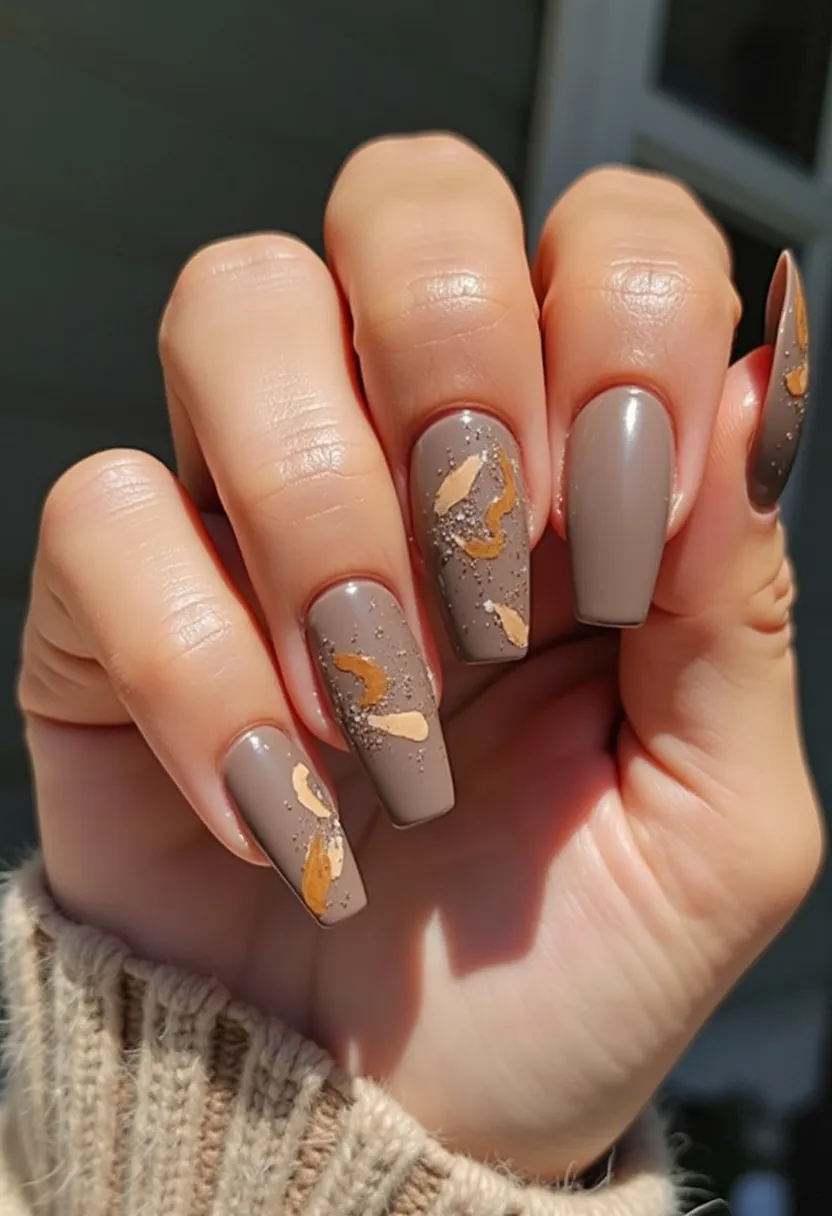 The nail design features a soft taupe color palette that covers the entire nail surface, evoking a neutral and sophisticated aesthetic. The nails are shaped in a long, square silhouette that provides a modern and elegant appearance. Intricate details include gold and beige abstract patterns, possibly created using foil or decals, adding vibrant accents to the subdued base color. Additionally, there are specks of fine glitter incorporated within the design, giving the nails a subtle sparkle. This nail art appears to be done using gel treatment, ensuring durability and a glossy finish. The overall look is versatile, suitable for both everyday wear and special occasions, with a slight inclination towards an autumnal or festive theme due to the warm tones and glitter details.