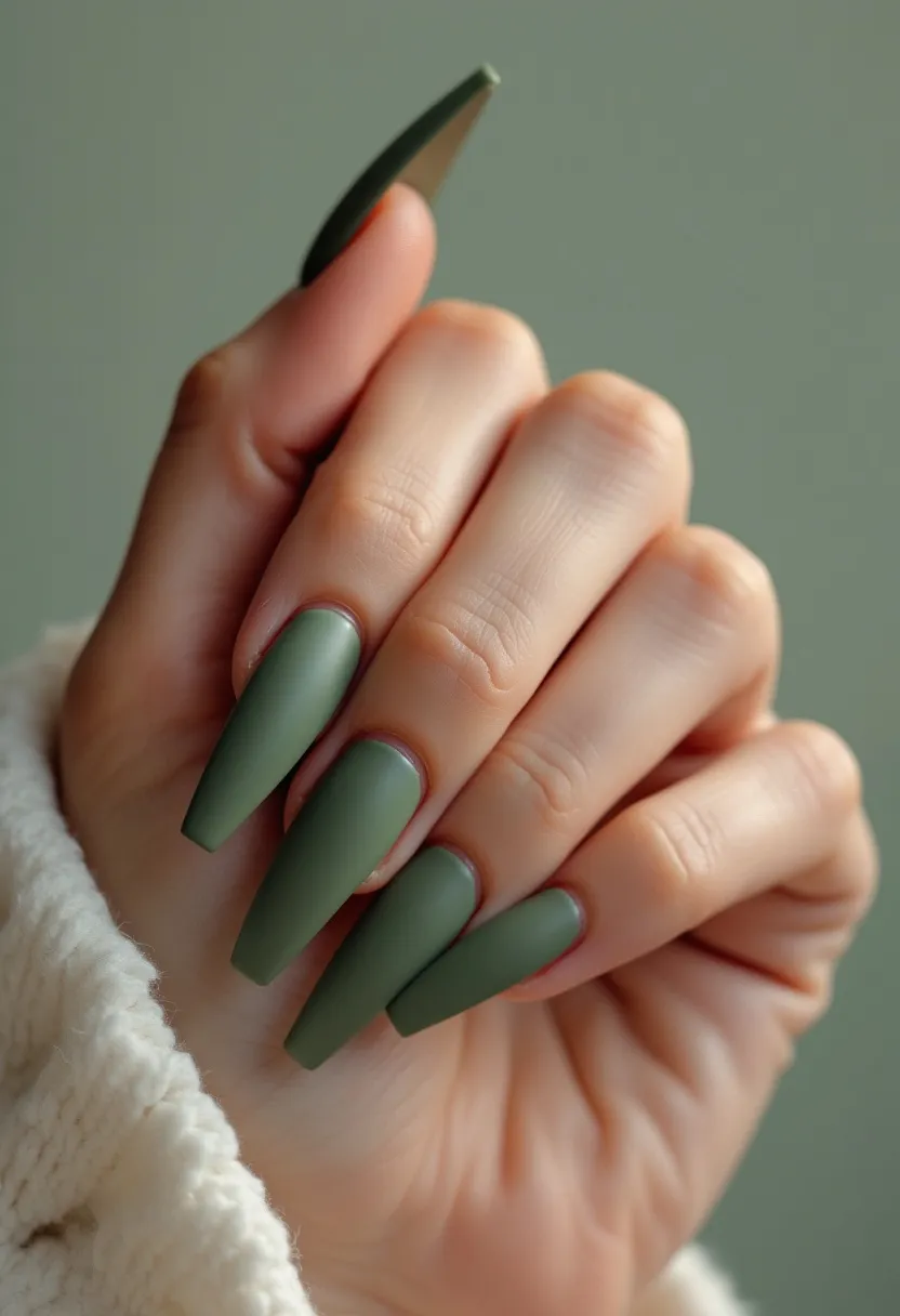 The nail design features a matte olive green color palette, exuding a refined and elegant aesthetic. The nails are sculpted in a long, coffin shape, offering a trendy and elongated look. The finish appears to be of a gel treatment, providing a smooth and durable texture. The simplicity of the design, without any additional intricate patterns or decorations, highlights a minimalist approach, which can be suitable for various seasonal themes, especially transitioning into fall. This understated yet classy design is versatile enough to be worn for numerous special occasions, reflecting a subtle sophistication.