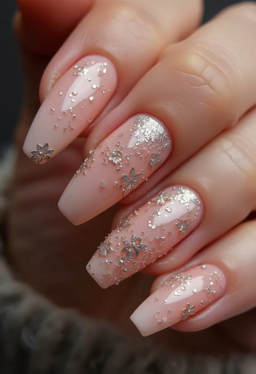 This nail design features a soft, nude pink base color with a glossy finish, indicative of either a gel or shellac nail treatment. The nails are shaped in a long, square style, contributing to a sophisticated and elegant appearance. The intricate decorations include an array of silver glitter and shimmering star-shaped decals, meticulously placed across the surface of each nail. The design suggests a festive and celebratory theme, making it an ideal choice for winter holidays or special occasions where a touch of sparkle is desired. The combination of the nude palette with glittery details ensures a look that is both glamorous and refined.