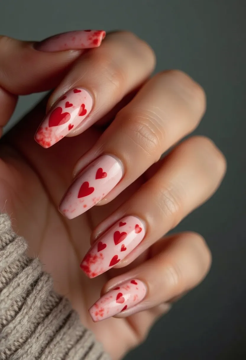 The nail design features a color palette of light pink as the base with red accents. The nails are almond-shaped and have an intricate pattern of red hearts of varying sizes scattered across each nail. Additionally, there is a subtle red marble effect on the tips of the nails, complementing the heart decorations. This design appears to be a gel treatment, given the glossy finish and the intricate details which are typical of gel nail artistry. The overall theme is romantic, making it suitable for Valentine's Day or other love-related occasions. The combination of colors and decorative elements enhances the festive and affectionate aesthetic of the manicure.