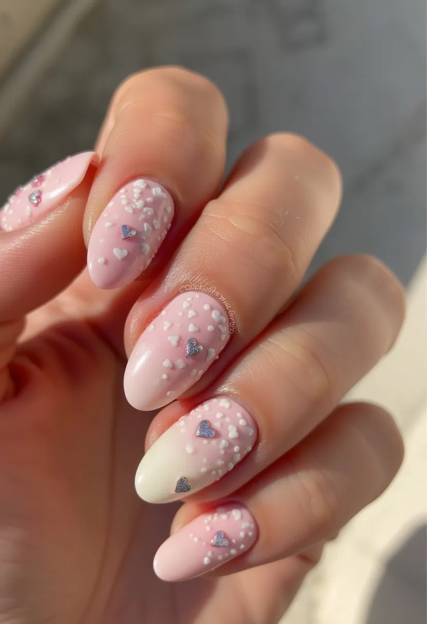 The nail design showcases a soft and subtle color palette primarily consisting of pale pink and white hues, creating a delicate and elegant appearance. The nails have an almond shape, which adds to the overall sophisticated look. The design features intricate patterns of small, three-dimensional white heart decorations scattered across the nails, providing a textured effect. Additionally, there are metallic silver heart decals subtly placed among the white hearts, adding a touch of sparkle and contrast. The nails appear to be treated with either gel or acrylic, providing a glossy and durable finish. The combination of hearts and soft colors suggests a theme suitable for romantic occasions, such as Valentine's Day or a wedding. The detailed work and choice of colors give the nails a feminine and charming appeal.