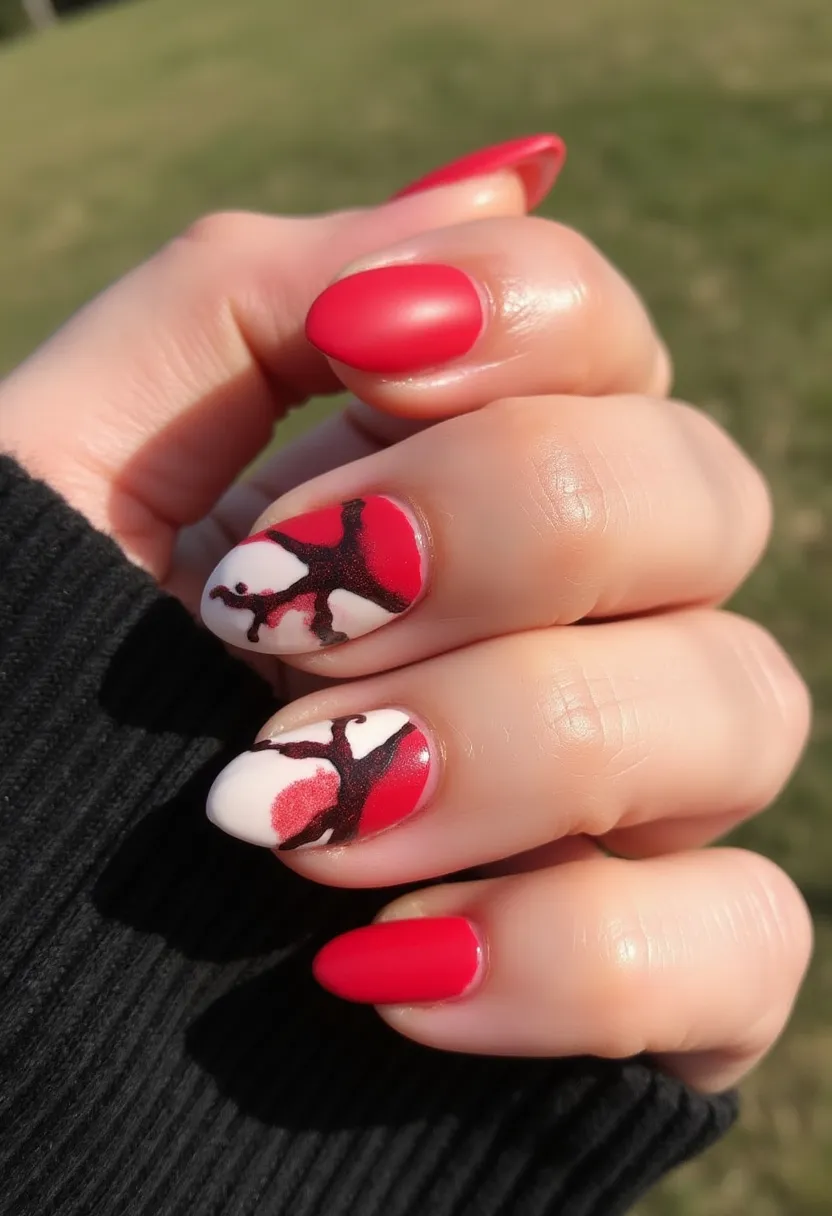 The nail design features a vibrant color palette primarily consisting of red, white, and black. The nails are almond-shaped, providing an elegant canvas for the intricate patterns. The pinky, middle, and thumb nails are coated with a solid red color, while the ring and index fingers showcase a more elaborate design. These nails display a white base adorned with black tree-like branches and red accents, creating a striking contrast. The matte finish suggests a possible gel or acrylic treatment, enhancing the durability and appearance of the nails. This design, with its bold colors and intricate patterns, could be ideal for the fall season or special occasions like Halloween or themed parties.