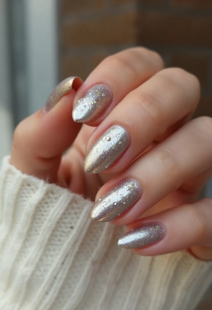 The nail design showcases a stunning metallic silver color palette, exuding a festive and glamorous vibe. The nails are shaped in an elegant almond form, elongating the fingers for a sophisticated look. The surface is adorned with tiny multi-colored glitter and subtle glossy specks, enhancing the shimmery effect which is perfect for winter festivities or special occasions like New Year's Eve. The smooth, even finish suggests the use of gel polish, providing a durable and glossy cover. These nails are ideal for those seeking a blend of elegance and celebration, making them a great choice for holiday parties and glamorous events.