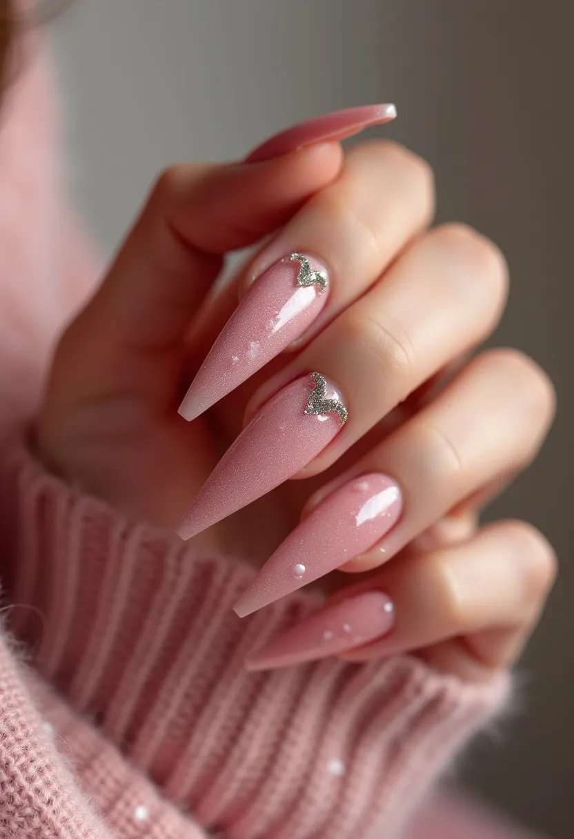 The nail design features long, sharp stiletto-shaped nails in a soft, dusty pink palette with an iridescent sheen. The nails are adorned with a glittery silver butterfly on each ring fingernail and small, subtle embellishments that add texture and dimension. The treatment appears to be gel, providing a smooth, glossy finish. This elegant design could be ideal for a special occasion such as a wedding or a formal event, where detailing and sophistication are key. The choice of soft pink hues and delicate decorations evokes a sense of romance, making it suitable for spring or summer seasons.