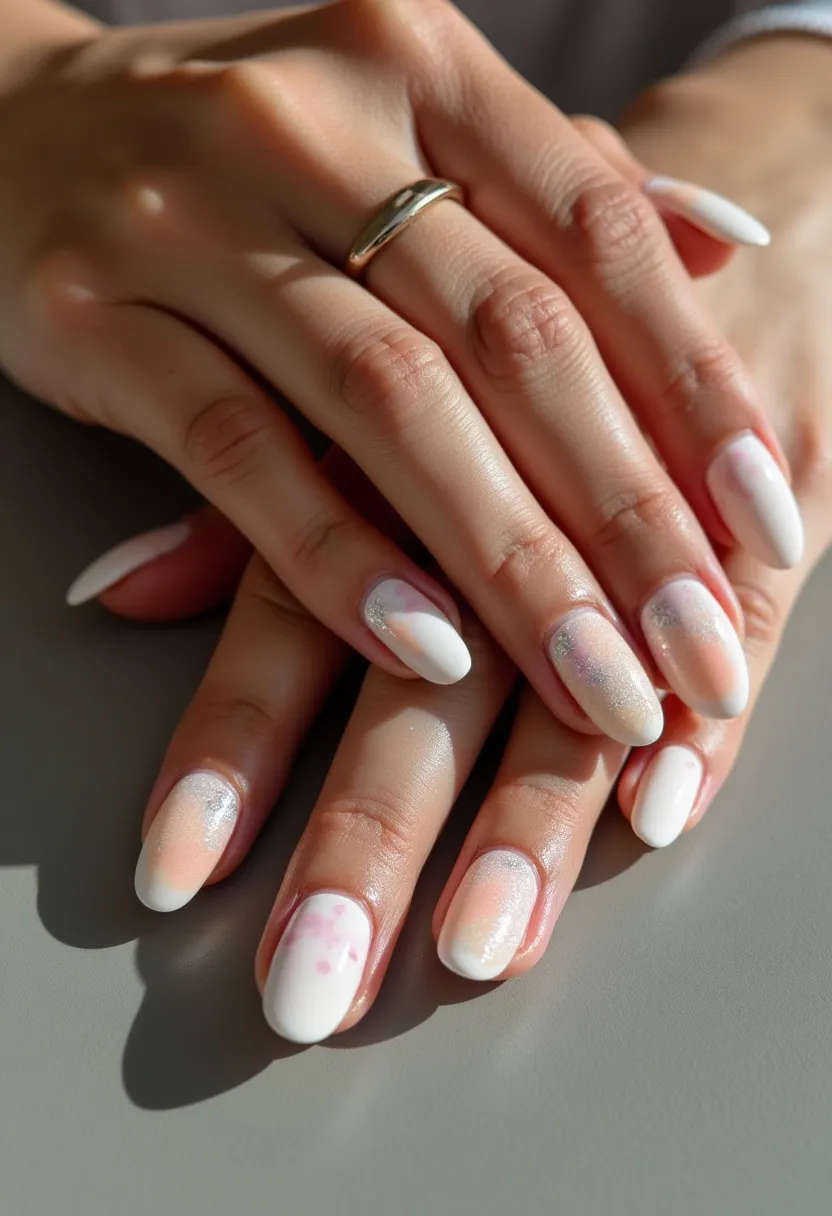 The nail design features a harmonious blend of pastel hues, primarily soft whites and gentle pinks, suggesting a subtle and elegant palette. The nails are shaped in a rounded almond form, providing a refined and timeless appearance. Each nail is adorned with intricate patterns, including delicate ombre effects and subtle glittery accents that give a sophisticated shimmer. The application appears to be gel treatment, ensuring a glossy and long-lasting finish. This delicate design is suitable for a variety of occasions, with a particular nod to romantic or springtime events, reflecting a soft and graceful aesthetic perfect for the season.