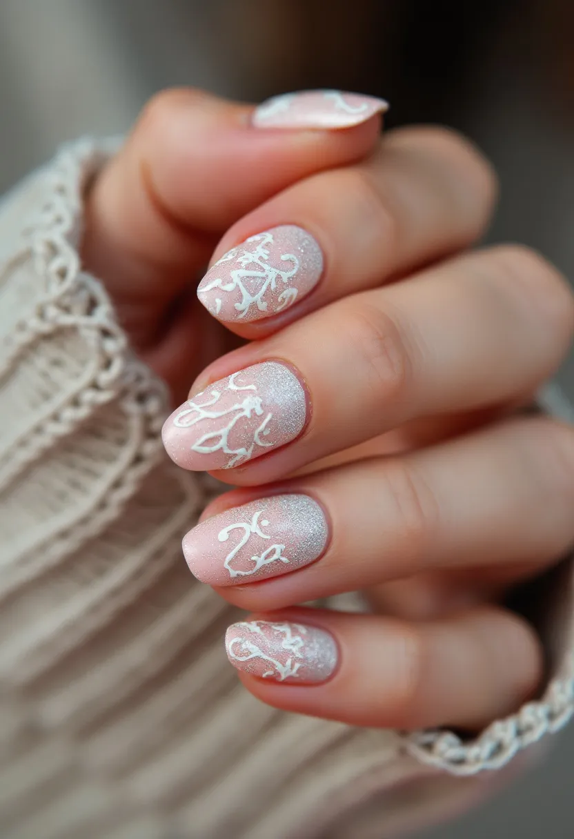 The nail design features a soft, pastel pink color palette complemented by a shimmery finish, likely indicating the use of a gel or shellac treatment for a glossy, durable look. The nails are shaped in a soft oval, providing a gentle, elegant silhouette. Each nail is adorned with intricate white floral and vine patterns, adding an element of sophisticated artistry. The delicate designs suggest an overall theme that could be suitable for romantic occasions such as weddings or Valentine's Day. The attention to detail and the refined color choices make this nail art both stylish and versatile for various special events.