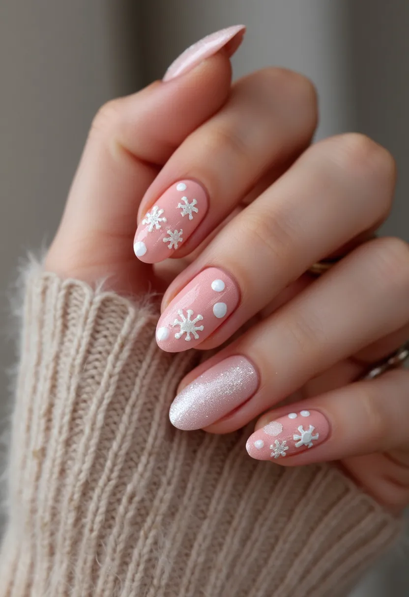 The nail design showcases a delicate winter theme, with a soft pink base color across all nails. The nails are shaped in a graceful almond form, providing an elegant look. Adorning the nails are meticulously crafted white snowflakes and dots, enhancing the seasonal theme. One of the nails stands out with a shimmering, glittery finish, adding a touch of festive glamour. The intricate decoration and glossy finish suggest a gel treatment, ensuring durability and a flawlessly shiny surface. This nail art is perfect for the winter season or festive holiday occasions, offering a charming and stylish look.