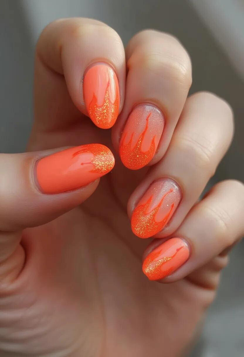 The nail design features an oval shape with a vibrant and bold color palette primarily consisting of bright orange with glitter accents. The nails exhibit a pattern resembling flames, where the tips are painted with an intense orange hue that gradually fades towards the cuticle area, accentuating the flame effect. Some nails have a base that transitions from nude to glittery, adding depth and texture to the design. The shine and durability suggest a gel treatment, ensuring a glossy finish and long-lasting wear. The fiery nail art evokes a sense of warmth and dynamism, making it suitable for summer or a festive occasion that calls for a standout look.