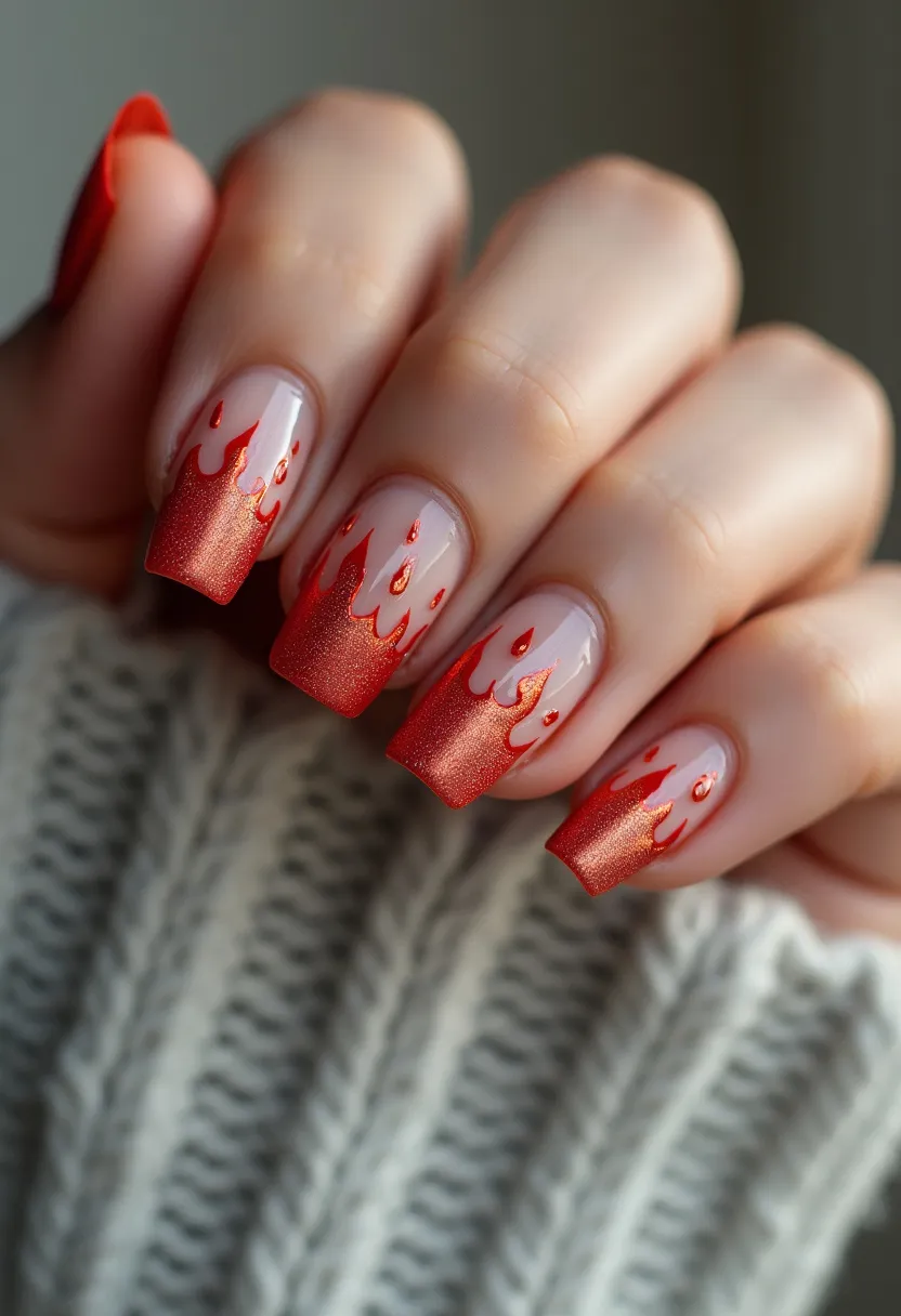 The nail design showcases a striking flame pattern in hues of red and orange, creating an ombre effect that transitions smoothly from the nail tips downwards. The nails are shaped in a long, tapered square (coffin-style), providing a modern and stylish look. The main background color of the nails is a neutral, natural tone, which allows the vibrant flame design to stand out prominently. The intricate details of the flames give the design a dynamic and lively appearance, suggesting movement and energy. The nails appear to have a glossy finish, hinting at a gel or shellac treatment that ensures durability and shine. This fiery design is perfect for making a bold statement and could be particularly fitting for special occasions or festive events demanding a striking and fashionable look.