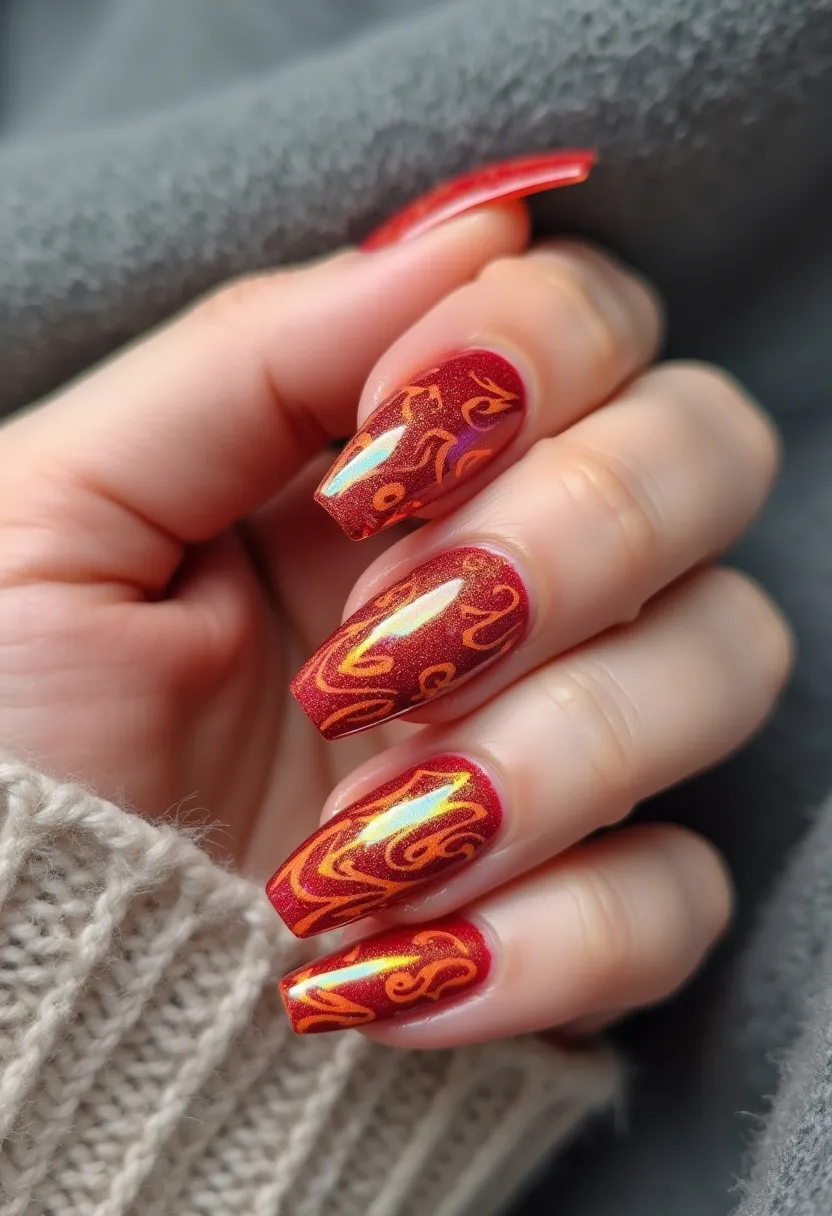 The nail design features a striking color palette predominantly consisting of a deep, sparkling red base with intricate swirls and patterns in a contrasting golden yellow hue. The nails are shaped in a long, square form, providing a bold canvas for the detailed and ornate designs. This design appears to use gel polish, given the high-gloss finish and the intricacy of the patterns, which would be best achieved with a gel application. The golden swirls add a touch of elegance and sophistication, making it suitable for special occasions or festive seasons like autumn or winter holidays. The overall look is rich and luxurious, with a fiery and dynamic aesthetic perfect for standing out.