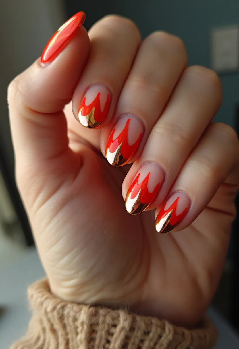 The nail design features a vibrant palette of red and gold on almond-shaped nails. The base is a natural, nude color transitioning into striking red tips embellished with dynamic gold accents. The red and gold elements are blended creatively in a flame-like pattern, invoking a lively and festive appearance, possibly suitable for occasions like parties or celebrations. The nails appear to be treated with gel, giving a glossy and polished finish to the design. The intricate, fiery pattern showcases meticulous detailing, making the overall look both bold and elegant.