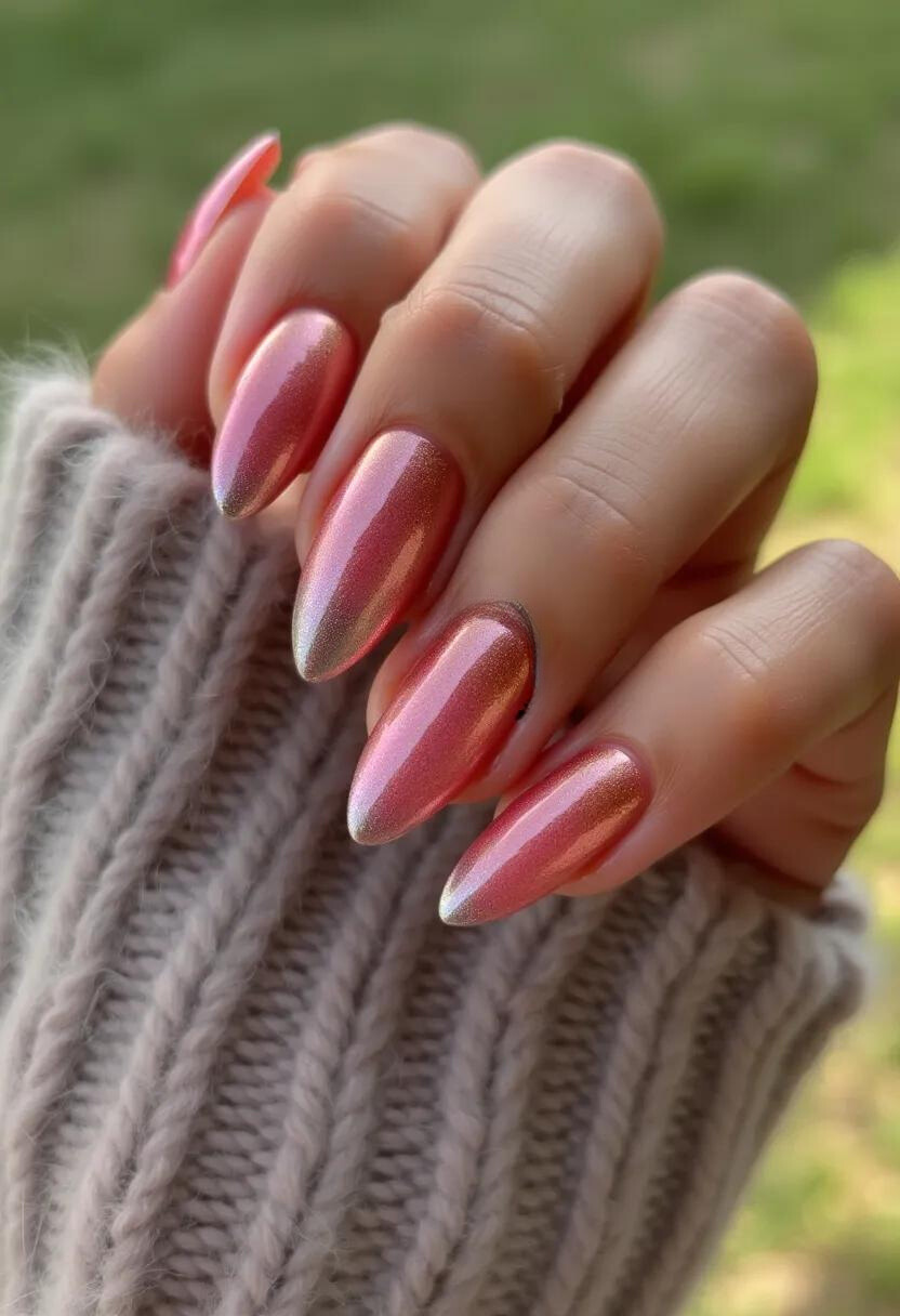 The nail design showcases a stunning, holographic color palette with a blend of pink, gold, and a hint of silver, creating a mesmerizing ombre effect. The nails are elongated and filed into a pointed almond shape, providing an elegant and sophisticated appearance. This design appears to be achieved using gel polish, evident from its glossy, smooth finish. The iridescent color shifts add an intricate and eye-catching detail, making the nails look dynamic and vibrant. This nail design is perfect for a festive or celebratory occasion, reflecting a sense of luxury and high fashion.