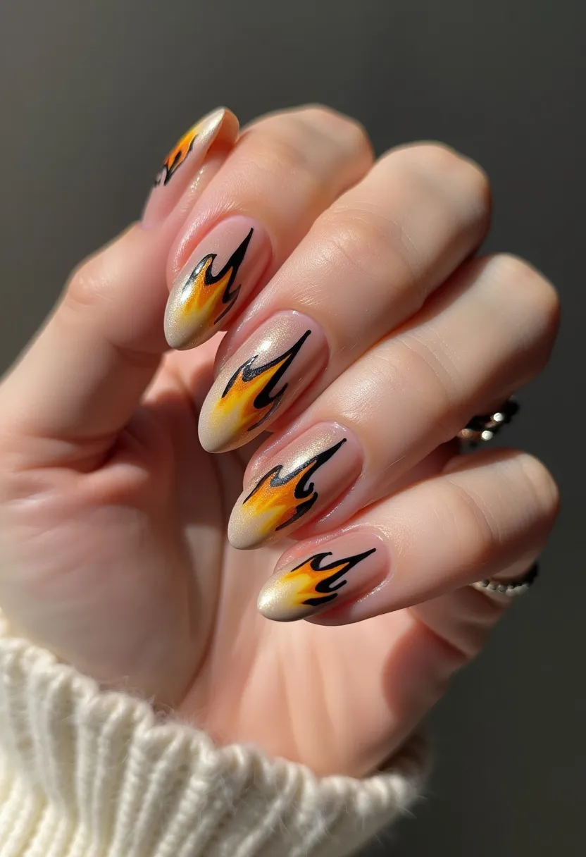 The nail design featured displays a vivid flame motif, utilizing a color palette of yellow, orange, and black on a neutral, glossy base. The nails are almond-shaped, lending an elegant and stylish appearance. The intricate flame patterns are finely detailed, with black outlines surrounding vibrant flames that transition seamlessly from yellow at the base to a fiery orange. This nail art seems to be achieved through gel treatment, given its smooth and glossy finish. The bold and dynamic flame design gives it a unique and edgy touch, suitable for special occasions or making a fashion-forward statement, perfect for fall or Halloween-themed events.