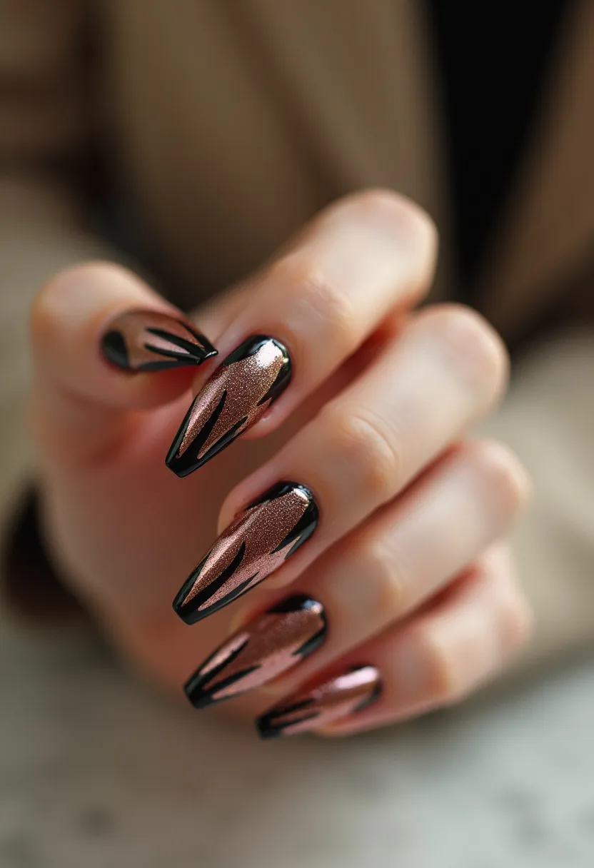 The nail design features a striking and elegant color palette of rose gold combined with black accents. The nails are shaped in a stiletto style, tapering to sharp points, which enhances the overall dramatic effect. The rose gold base color has a shimmering, metallic finish that contrasts beautifully with the intricate black patterns. These black decorations resemble delicate flames or abstract strokes, adding an artistic and edgy flair to the design. This nail art appears to be achieved using gel nail treatments, given the glossy and durable appearance. The design's sophisticated mix of metallic and dark tones suggests it could be suitable for evening events or special occasions, as well as fitting an autumn or winter seasonal theme.