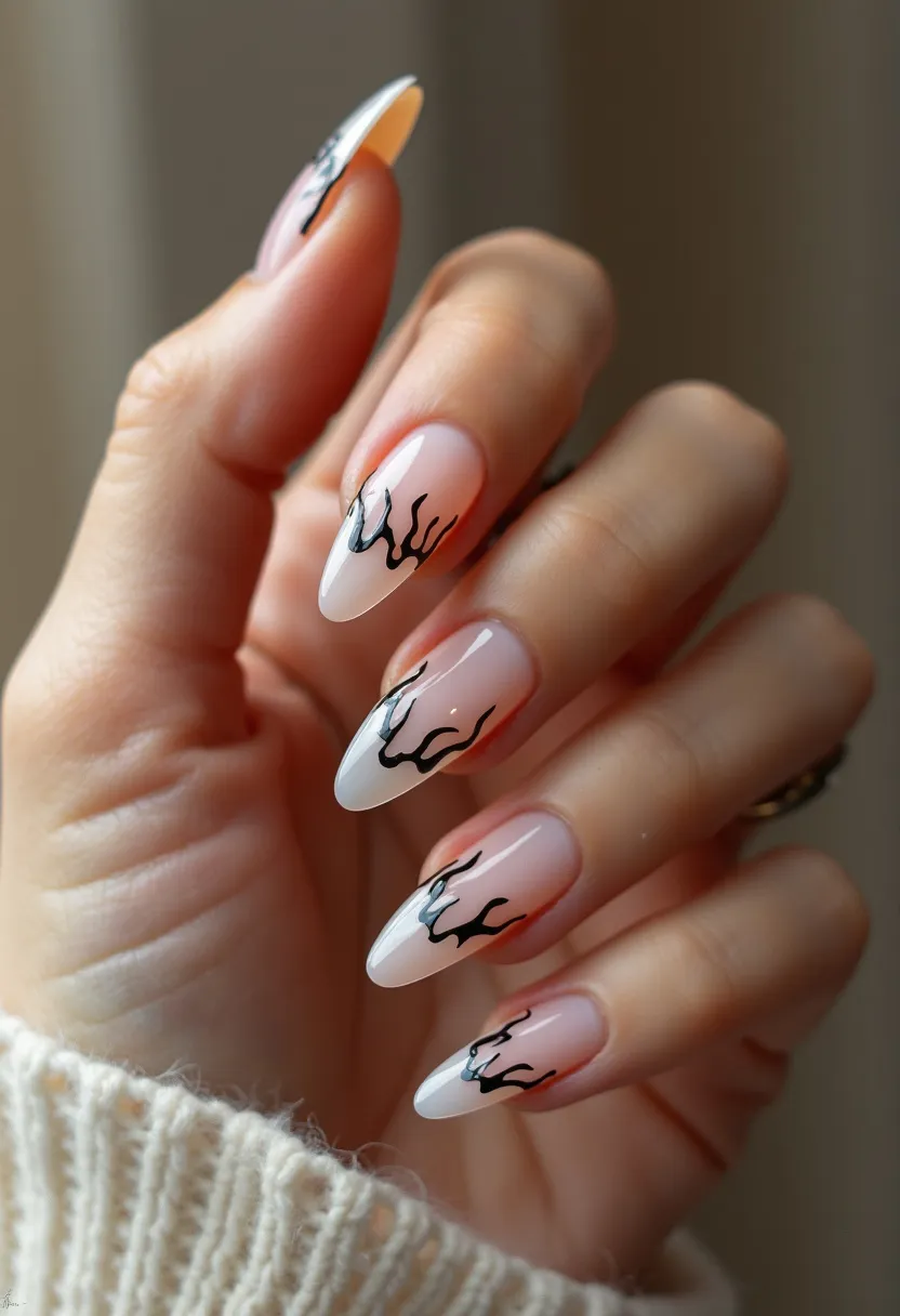 The nail design features a soft, gradient color palette transitioning from a nude or natural base at the cuticle to white tips. The nails are long and almond-shaped, giving them an elegant appearance. Decorating the white tips are intricate black flame-like patterns, adding a touch of flair and edge to the design. It appears to be a gel or possibly acrylic treatment, providing a glossy and smooth finish. The black flame details make this design suitable for a themed event, perhaps associated with the colder months or a special occasion requiring a striking yet sophisticated look.