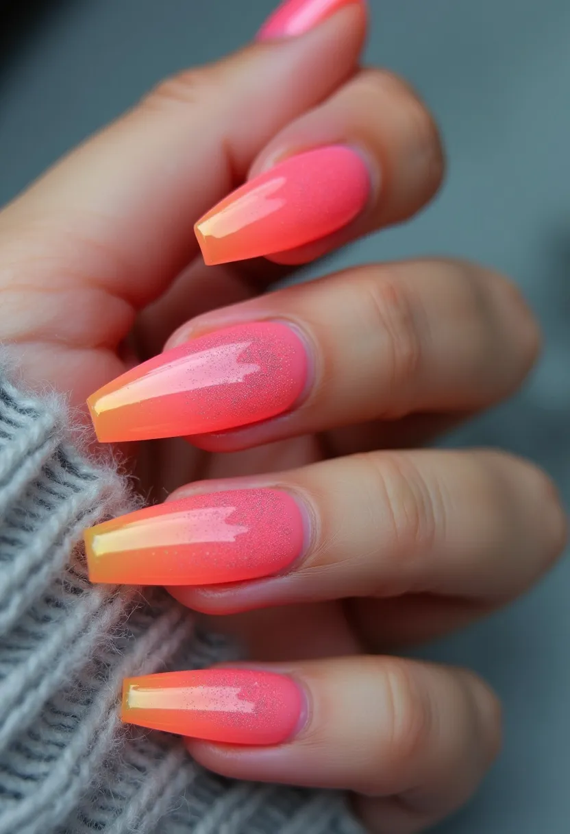 The nail design showcases a vibrant gradient color palette with a transition from deep pink at the base to bright yellow tips. The nails are long with a coffin shape, displaying a sleek and modern aesthetic. The intriguing pattern features a shimmering glitter overlay that adds a subtle sparkle across the nail surface, enhancing the overall look. The high-gloss finish suggests the use of a gel nail treatment, ensuring a durable and shiny appearance. This design exudes a fun and lively vibe, making it suitable for summer seasons or festive occasions where bright and bold colors are celebrated.