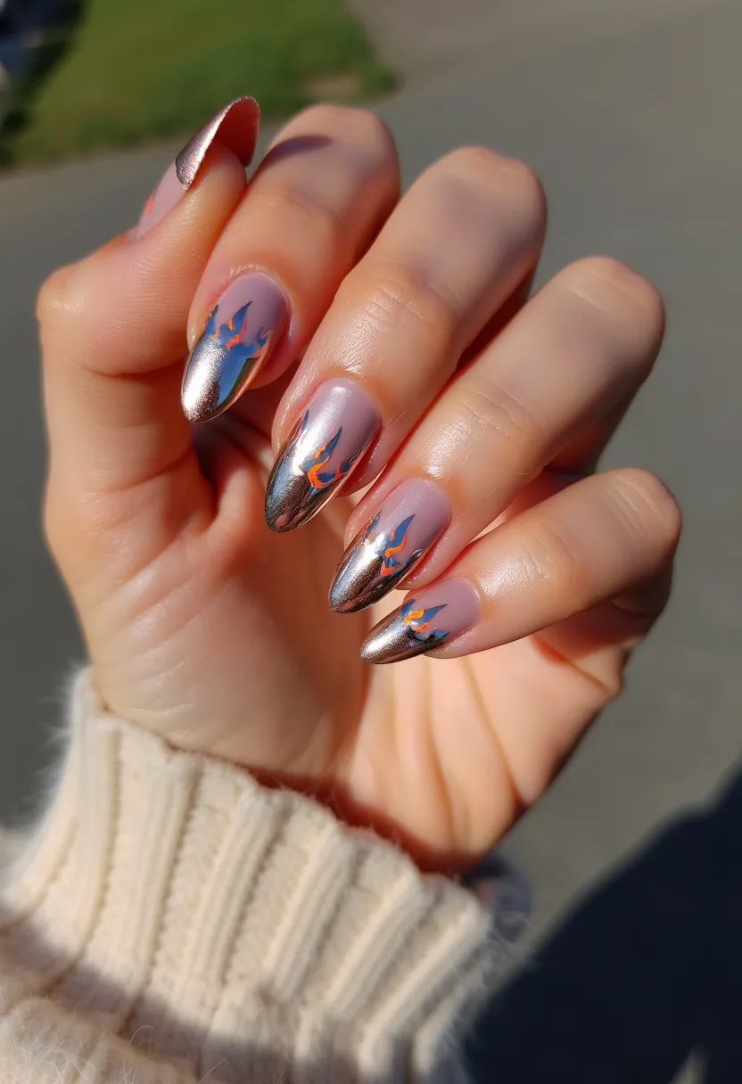 The nails in the design are shaped into a long almond form, enhancing their elegant and stylish appearance. The base of the nails features a muted, nude-pink color that transitions into a chrome silver metallic tip, creating a striking contrast. Intricate flame patterns in vivid blue and fiery orange decorate the border between the nude and chrome colors, adding dynamic and eye-catching detail. The finish appears glossy, indicating the possible use of gel or shellac for a smooth and long-lasting effect. This nail design exudes a bold, edgy aesthetic that would be well-suited for a fashionable event or seasonal celebration, such as fall or a festive occasion.