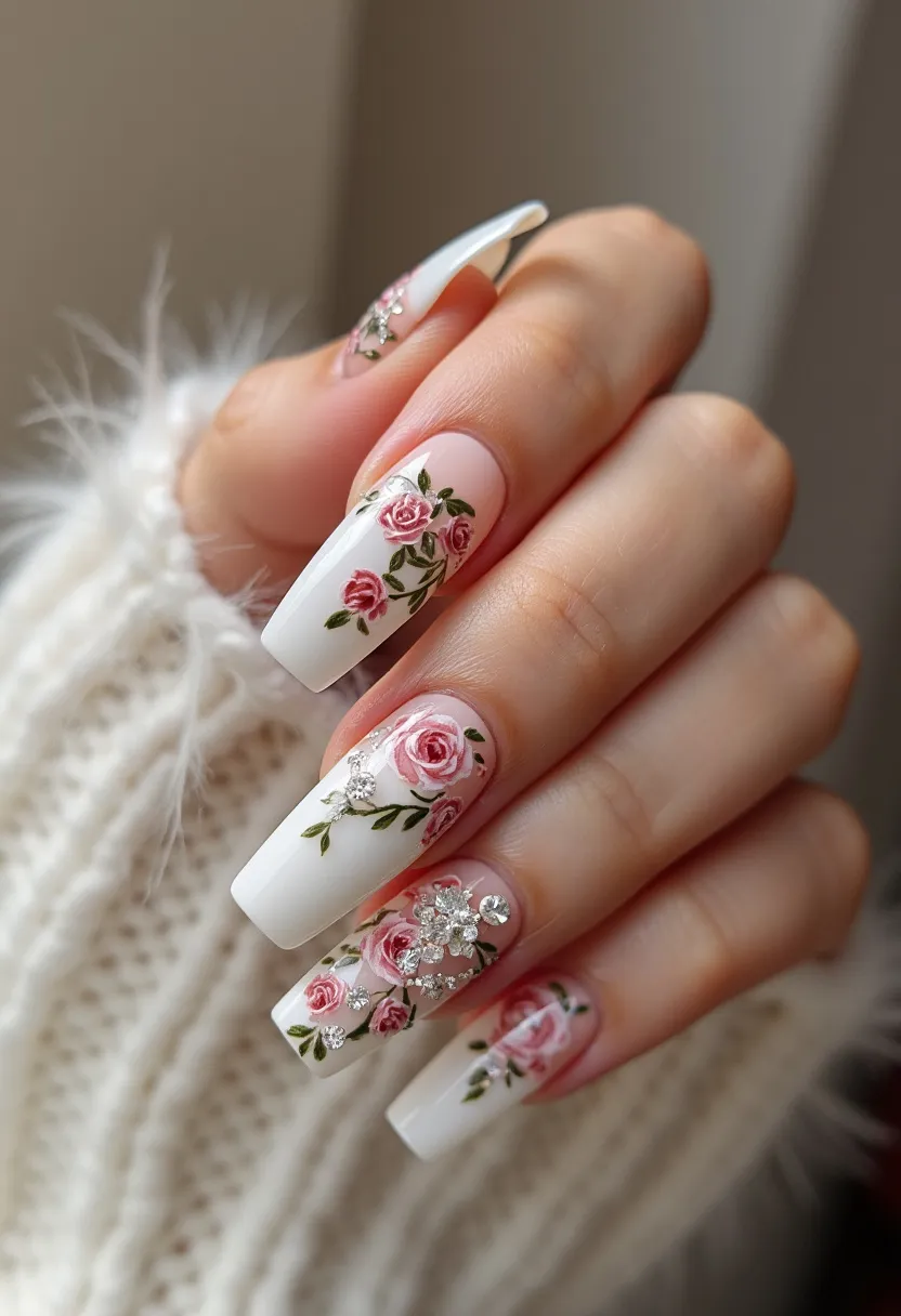 The nail design features a sophisticated and elegant color palette predominantly consisting of soft pink and white hues. The nails are shaped in a medium to long coffin style, lending a chic and polished appearance. Intricate patterns of delicate pink roses with green leaves artistically adorn the nails, creating a romantic and feminine vibe. Additionally, several nails showcase sparkling embellishments, likely Swarovski crystals or rhinestones, enhancing the overall glamorous look. The treatment appears to be gel or acrylic, providing a smooth and glossy finish that maintains the precision of the floral and crystal decorations. This design is well-suited for special occasions such as weddings or romantic events, reflecting a spring or summer theme with its floral motif.