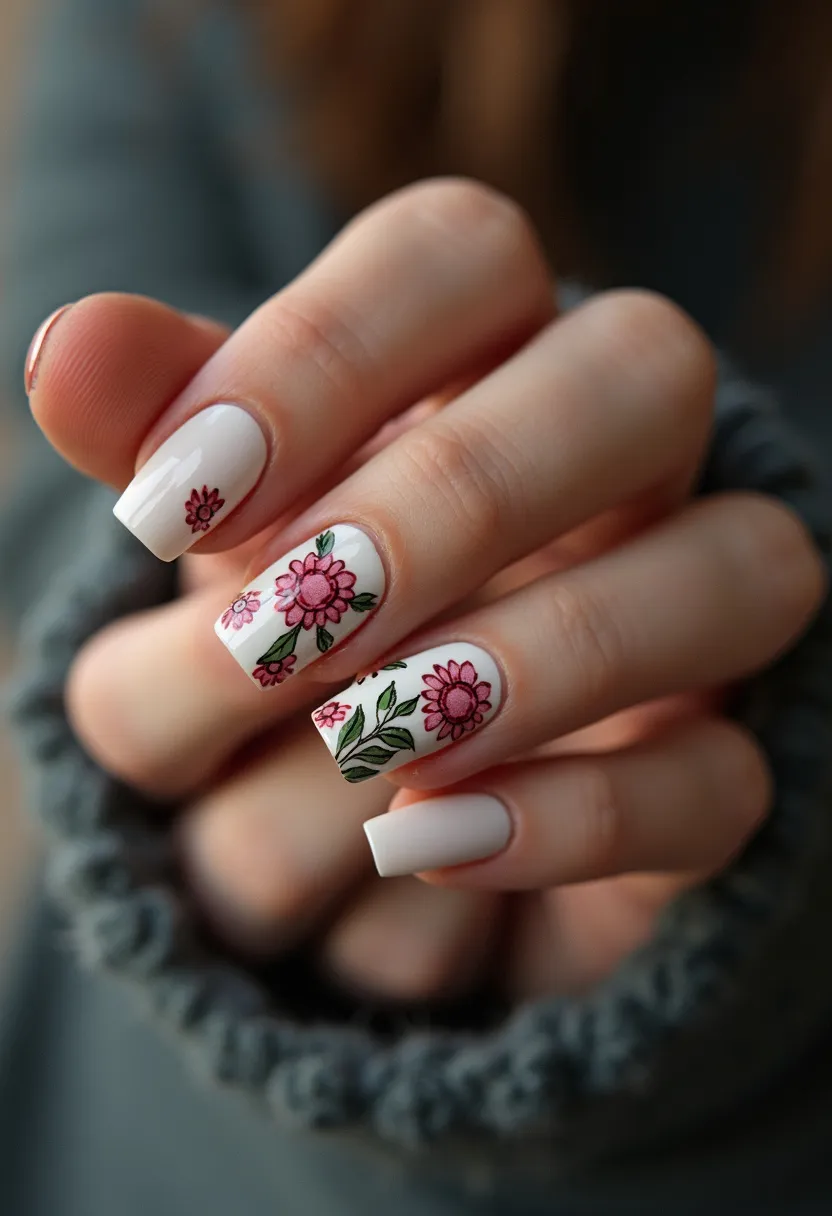 This nail design features a predominantly white color palette with intricate floral patterns in shades of pink and green. The nails are medium length with a squared shape, offering a clean and polished appearance. The floral designs vary slightly on each nail, adding a unique and artistic touch to the overall look. The detailed flowers suggest a possible hand-painted or high-quality decal technique. These nails are likely achieved through a gel or acrylic treatment, giving them a smooth and glossy finish. The design has a spring or summer feel, making it suitable for these seasons or for special occasions like a garden party or wedding. The delicate floral accents add a feminine and elegant flair to the manicure.