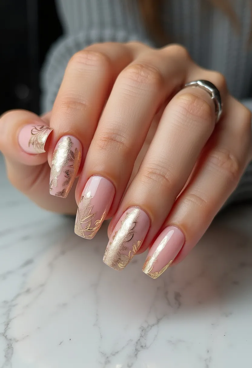 The nail design features a gentle pink base color paired with intricate gold foil decorations, creating a sophisticated and elegant appearance. The nails are shaped into a tapered square, providing a modern yet classy look. The gold foil is artfully applied to form delicate leaf patterns and accents, adding a touch of luxury to the overall design. This manicure appears to be done with gel, as indicated by the high-gloss finish. The visual impact of the pink and gold combination, along with the intricate leaf design, makes this nail art suitable for special occasions such as weddings or formal events, and it could also be quite fitting for any season due to its timeless elegance.