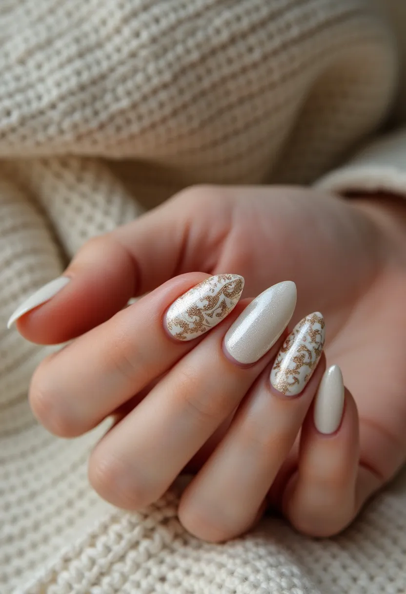 The nail design features an elegant and sophisticated color palette of pearlescent white with intricate gold floral patterns on a few accent nails. The nails are shaped into a medium-length almond form, contributing to the overall graceful look. The design appears to be done with gel polish, known for its durability and glossy finish. The gold floral patterns add a touch of luxury and intricacy, enhancing the classic clean look of the pearlescent white base. This nail design could be suitable for special occasions or winter-themed events, given its elegant and festive appearance.