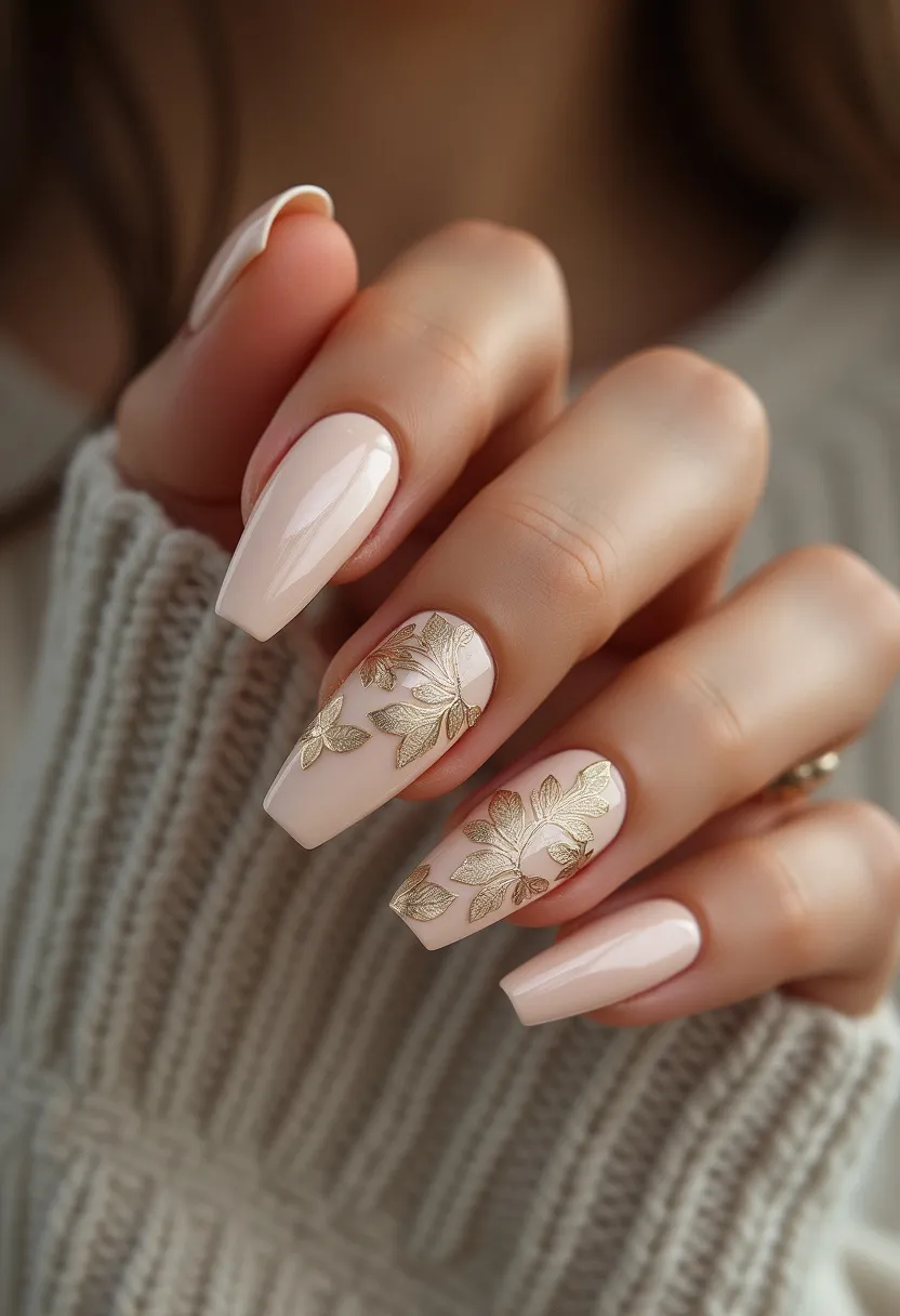 The nail design features long, coffin-shaped nails adorned with a soft, pale pink base color, providing a delicate and refined look. Elegant gold floral patterns enhance a couple of the nails, adding a touch of sophistication and intricacy to the overall design. The use of fine gold details on a gentle pink background creates a harmonious and graceful appearance suitable for special occasions like weddings or formal events. The nails appear to be treated with gel polish, giving them a glossy and smooth finish that complements the ornamental details beautifully. This design is versatile and ideal for spring or summer, exuding a sense of freshness and elegance.