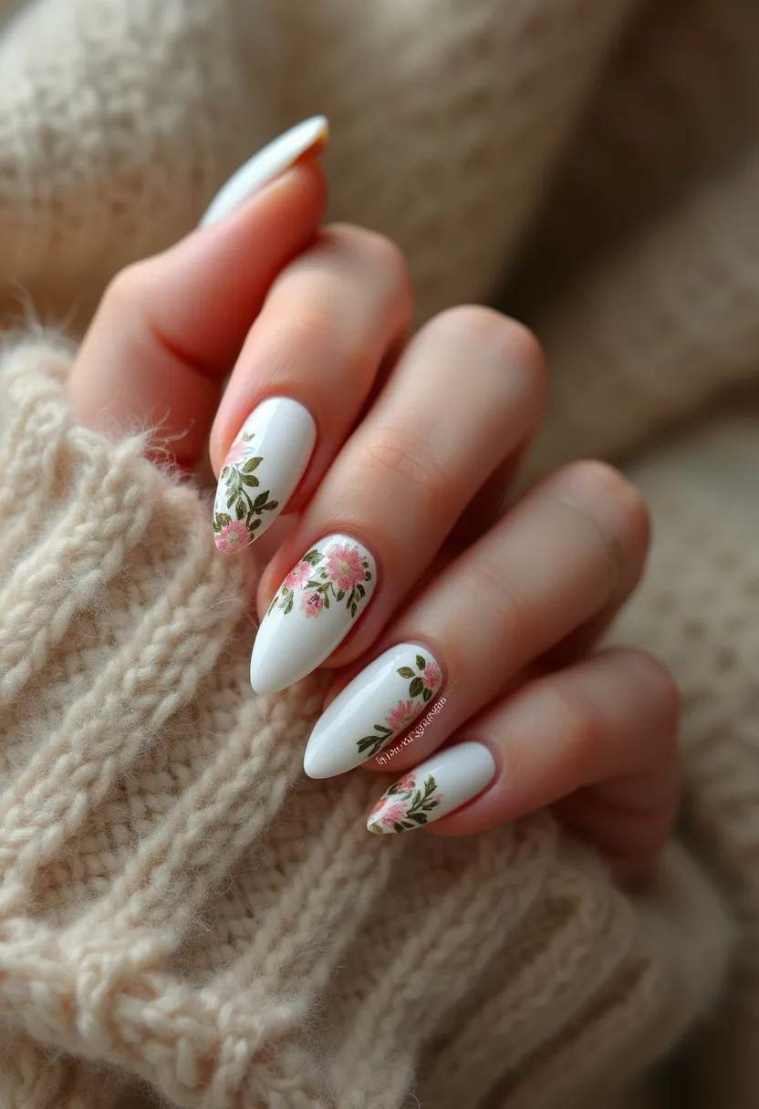 The nail design features a sophisticated and elegant palette, predominantly consisting of white as the base color with pink and green accents. The nails are almond-shaped, adding a sleek and feminine touch to the overall look. Intricate floral patterns are meticulously painted on each nail, showcasing delicate pink flowers with green leaves, creating a harmonious and natural aesthetic. The glossy finish implies a quality nail treatment, likely gel or shellac, ensuring durability and shine. This floral nail art is suited for spring or summer, capturing the essence of blooming seasons or special occasions like weddings or garden parties.