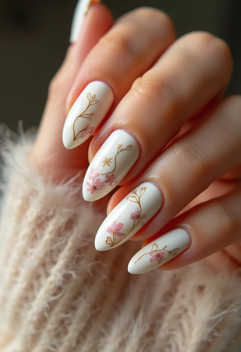 The nail design features an almond shape with a creamy white base color. Each nail is adorned with delicate floral patterns, consisting of light pink flowers with intricate golden stems and branches. The flowers are detailed with minimalistic precision, lending an elegant and whimsical touch to the overall look. The design suggests a gel or shellac treatment, providing a smooth and glossy finish. This nail art is reminiscent of spring, making it suitable for seasonal themes or special occasions such as weddings or garden parties. The combination of the soft pink flowers and subtle gold accents against the white backdrop creates a chic and refined aesthetic.