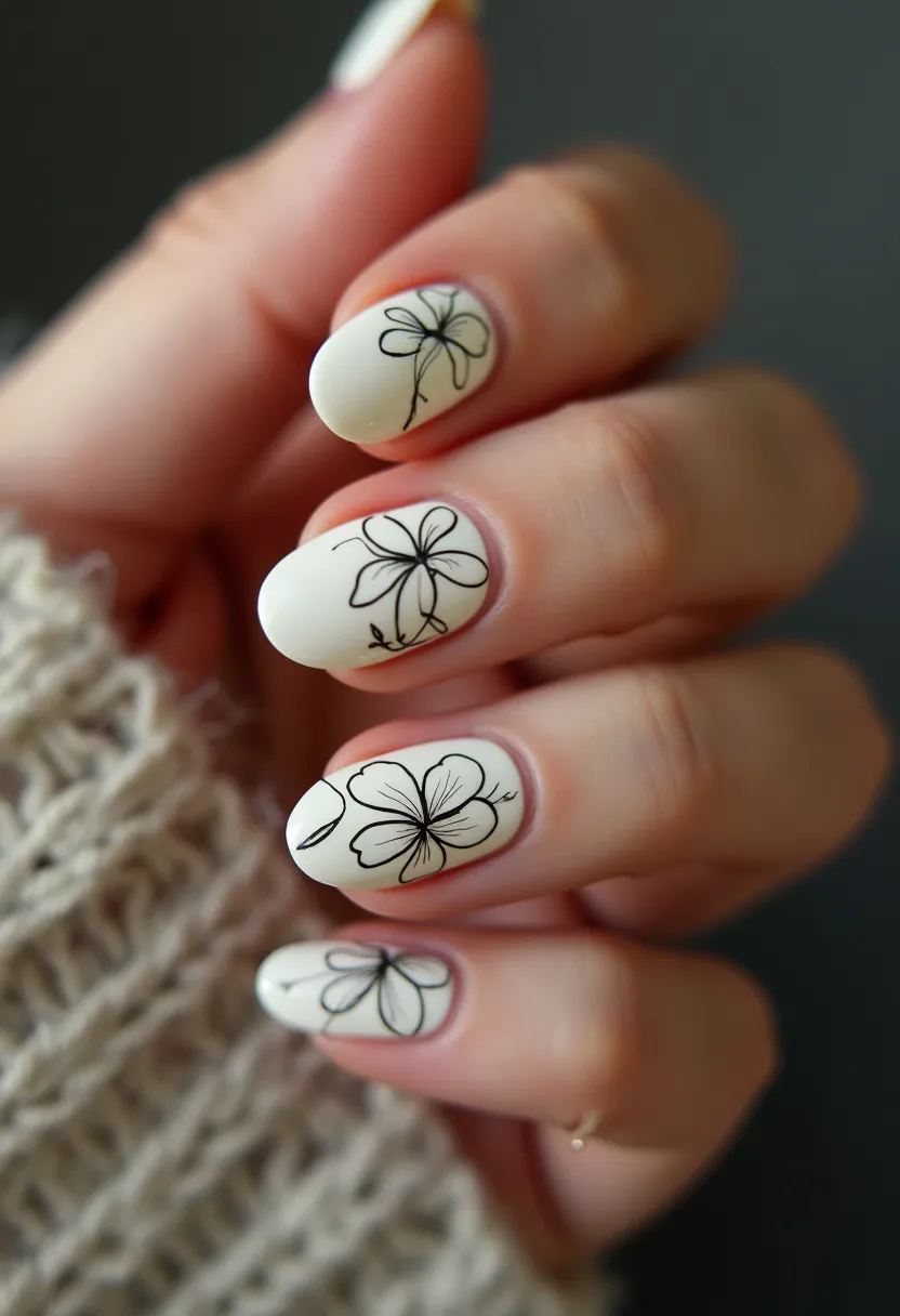 The nail design features a refined and elegant aesthetic with a soft, creamy white color as the base for all the nails. The nails are almond-shaped, contributing to a sleek and modern look. Each nail is adorned with intricate, delicate black line drawings of flowers, showcasing meticulous attention to detail. The floral designs are varied slightly on each nail, adding visual interest and uniqueness to each fingertip. This design appears to be created using a matte gel polish, known for its durability and smooth finish. The overall theme seems to be sophisticated and feminine, suitable for both casual and formal occasions, making it versatile for various events and seasons.