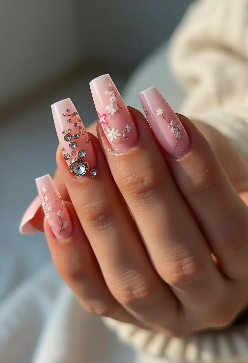 The nail design features a soft, peachy pink color palette with added intricate floral decorations, making the nails look elegant and romantic. The nails are shaped in a long, square style, contributing to a sleek and sophisticated look. The design includes small white flowers with delicate stems, adding a fresh and dainty feel. Additionally, some nails are highlighted with rhinestones of various sizes, adding a touch of sparkle and glamor, perfect for special occasions. The incorporation of these embellishments suggests a gel or acrylic treatment, known for their durability and ability to hold intricate designs. The floral elements and soft colors are evocative of spring or summer themes, making the nail design ideal for celebrating warm and blossoming seasons.